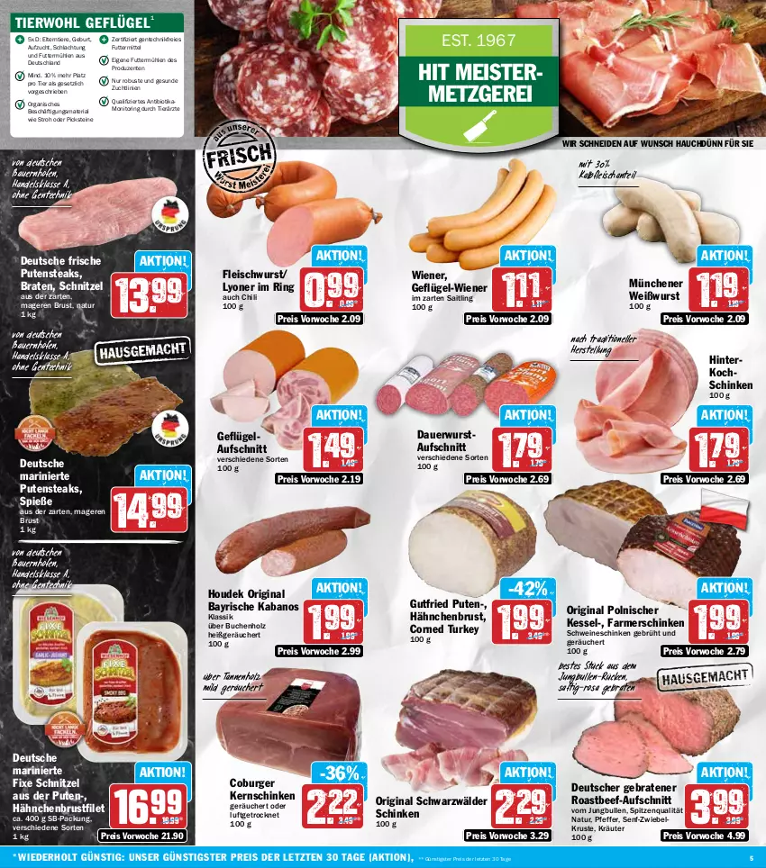 Aktueller Prospekt Hit - Wochenprospekt - von 21.07 bis 26.07.2025 - strona 5 - produkty: auer, aufschnitt, Bau, Bauer, beef, bio, braten, brustfilet, buch, burger, chili, eis, elle, ente, farmerschinken, filet, fleisch, fleischwurst, Geflügel, gin, gutfried, hähnchenbrust, hähnchenbrustfilet, hinterkochschinken, Holz, houdek, im zarten saitling, jungbullen, kabanos, Kalbfleisch, kernschinken, kochschinken, kräuter, lyoner, Meister, monitor, natur, pfeffer, pute, putensteaks, reis, Ria, ring, roastbeef, saft, schinken, schnitzel, schwarzwälder schinken, schwein, schweine, senf, spitzenqualität, steak, steaks, Ti, Tiere, wein, weine, Weißwurst, wiener, wurst, Yo, ZTE, zwiebel