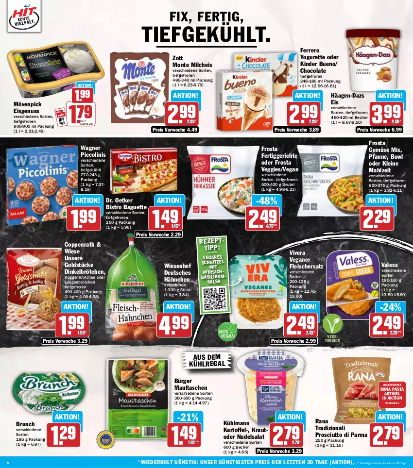 Aktueller Prospekt Hit - Wochenprospekt - von 21.07 bis 26.07.2025 - strona 8 - produkty: aus dem kühlregal, auto, baguette, basilikum, Becher, beutel, Bistro Baguette, brötchen, cola, coppenrath, dinkelbrötchen, Dr. Oetker, eis, ferrero, fertiggericht, fertiggerichte, fleisch, frosta, Gemüse Mix, Goldstücke, häagen-dazs, kartoffel, Kinder, kinder bueno, Kraut, kühlmann, kühlregal, leine, maultaschen, milch, monte, mövenpick, mövenpick eis, nudel, nudelsalat, nuss, pasta, pfanne, pfirsich, piccolinis, prosciutto, Prosciutto di Parma, Rana, regal, reis, roggenbrötchen, salat, Salsa, schnitzel, Tasche, taschen, Ti, veggie, wagner, wiesenhof, Yo, yogurette, zott, Zott Monte, ZTE
