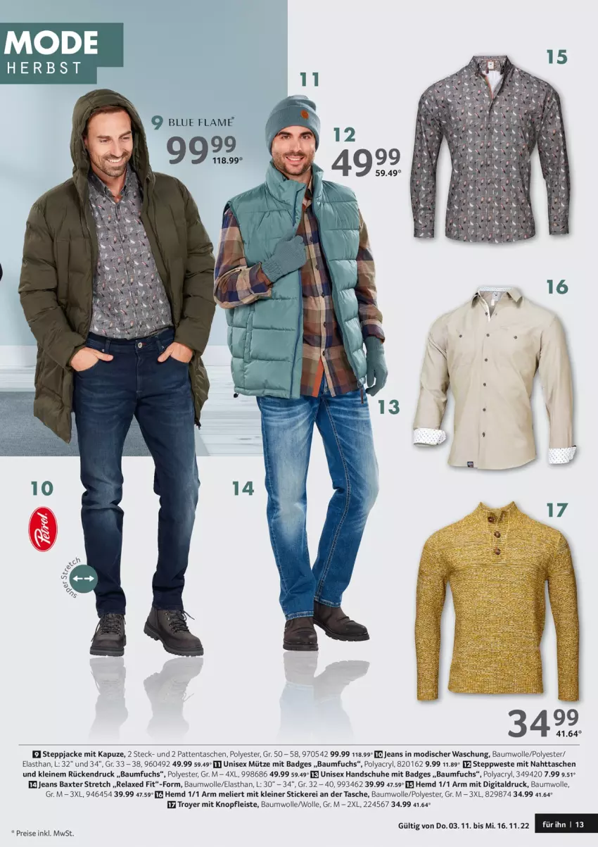 Aktueller Prospekt Selgros - New Fashion - von 03.11 bis 16.11.2022 - strona 13 - produkty: axe, Bad, Bau, baumwolle, eis, handschuhe, hemd, Jacke, jeans, leine, Mode, Mütze, reis, rel, schuhe, Steppjacke, Tasche, taschen, Ti, Weste, wolle