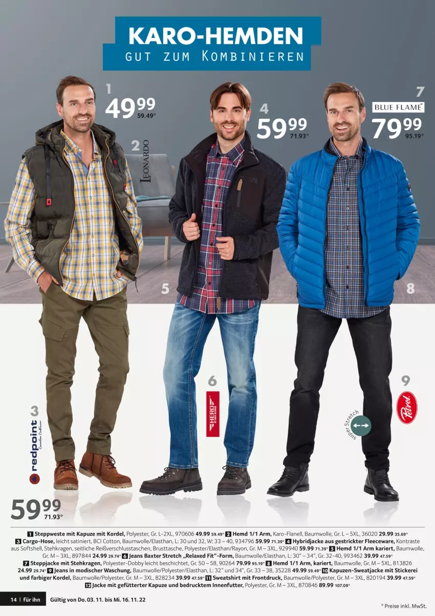 Aktueller Prospekt Selgros - New Fashion - von 03.11 bis 16.11.2022 - strona 14 - produkty: axe, Bau, baumwolle, eis, hemd, hemden, hose, Jacke, jeans, reis, rel, shirt, Steppjacke, sweatjacke, Sweatshirt, Tasche, taschen, Ti, Weste, wolle, Yo