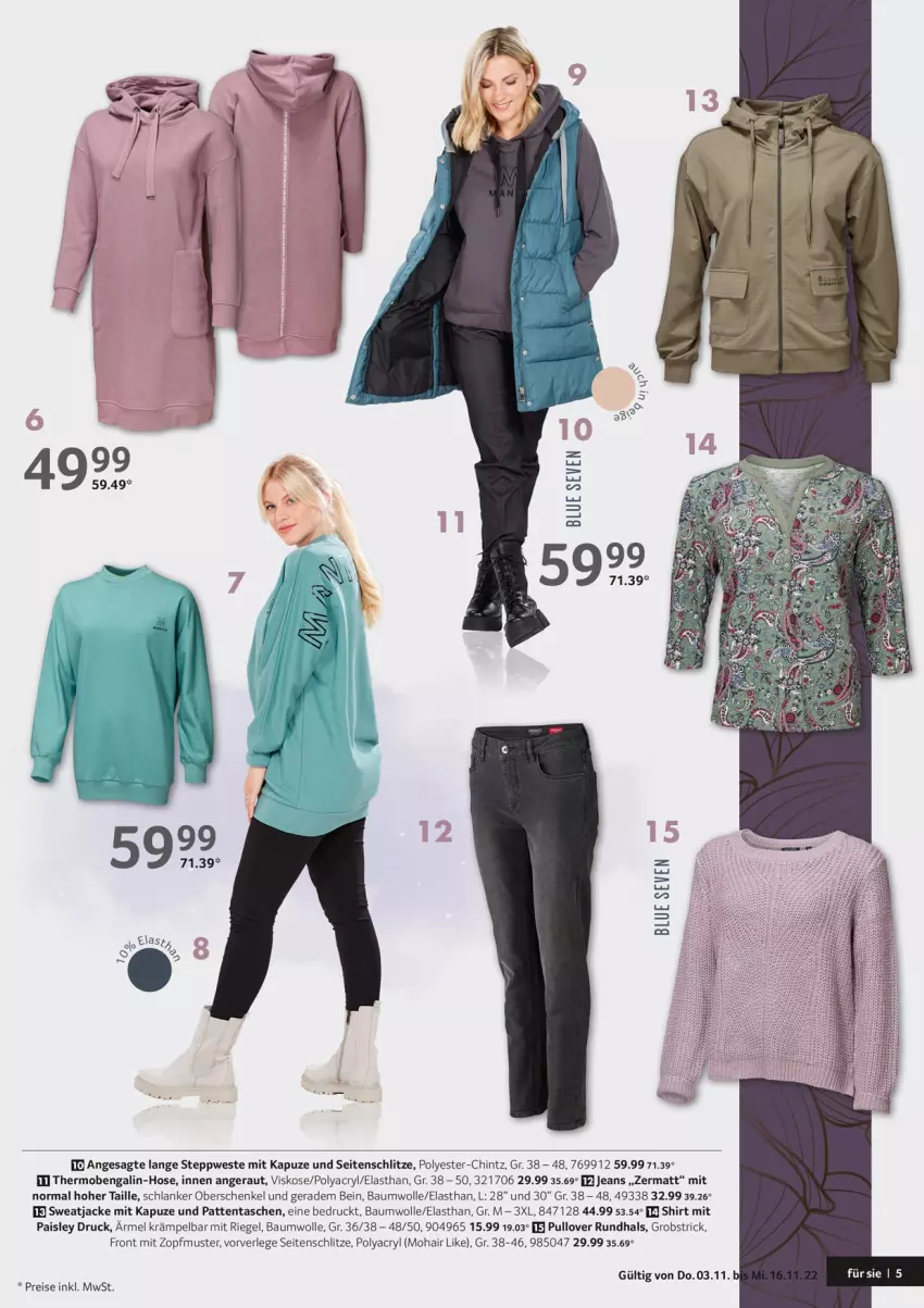 Aktueller Prospekt Selgros - New Fashion - von 03.11 bis 16.11.2022 - strona 5 - produkty: Bau, baumwolle, Bengalin, eis, henkel, hose, Jacke, jeans, obst, Pullover, reis, riegel, schenkel, shirt, sweatjacke, Tasche, taschen, Ti, Weste, wolle