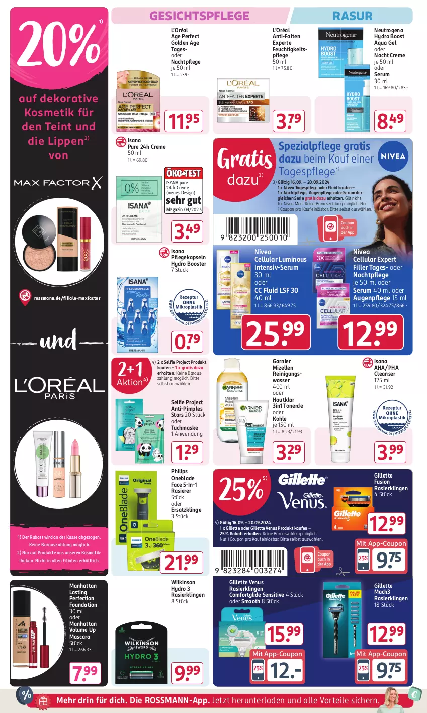 Aktueller Prospekt Rossmann - Prospekte - von 16.09 bis 20.09.2024 - strona 10 - produkty: anti-falten experte, aqua, asti, Augenpflege, coupon, creme, elle, erde, feuchtigkeitspflege, garnier, gesichtspflege, gillette, gillette venus, gsw, isana, kosmetik, mac, mach3, magazin, Mascara, Maske, mizellen, Mizellen Reinigungswasser, nachtpflege, neutrogena, nivea, Nivea Men, Philips, rasierer, Rasierklinge, rasierklingen, Reinigung, rum, sana, Serum, Spezi, Tagespflege, Ti, Toner, tuc, tuchmaske, venus, wasser, wilkinson