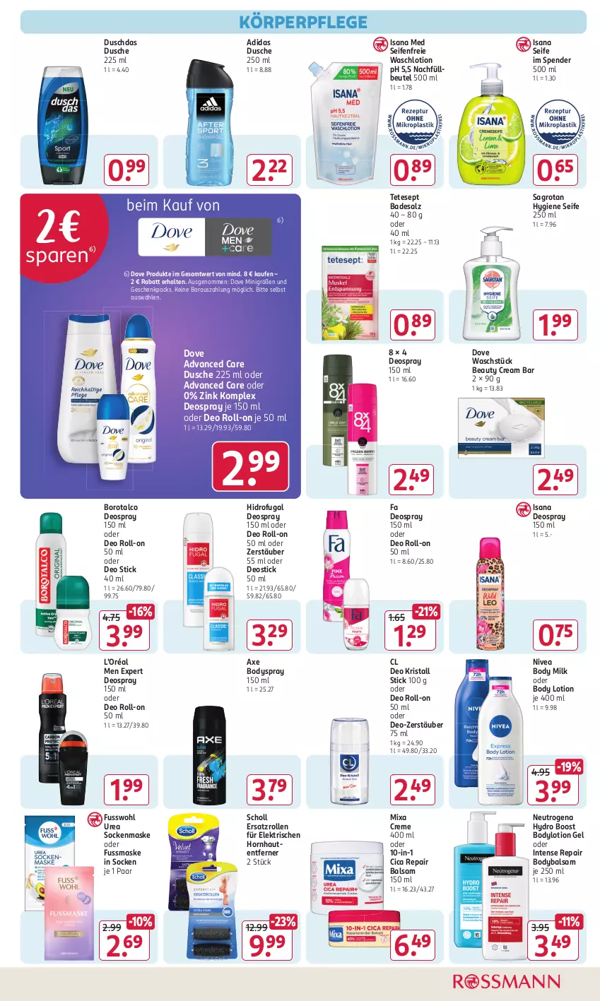 Aktueller Prospekt Rossmann - Prospekte - von 16.09 bis 20.09.2024 - strona 11 - produkty: Adidas, axe, Bad, balsam, beutel, body, body lotion, body milk, bodylotion, bodyspray, Borotalco, creme, deo, deo roll-on, deospray, deospray 150 ml, Deostick, dove, duschdas, dusche, Fusswohl, isana, körperpflege, Lotion, Maske, Mixa, neutrogena, nivea, oder deo roll-on, roll-on, sagrotan, salz, sana, scholl, Seife, socken, Ti, Waschlotion