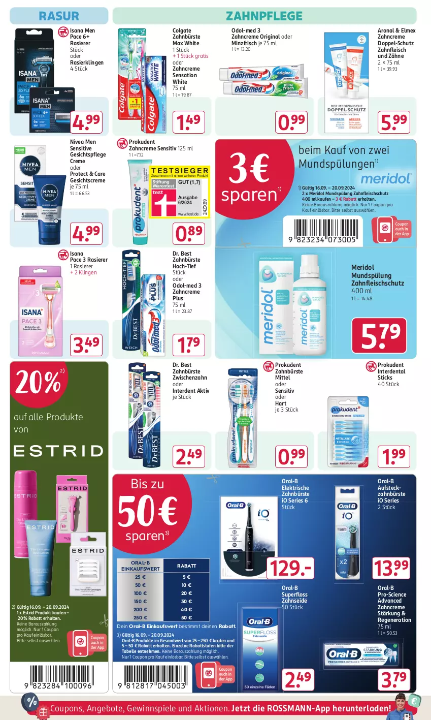 Aktueller Prospekt Rossmann - Prospekte - von 16.09 bis 20.09.2024 - strona 12 - produkty: angebot, angebote, bürste, Cien, colgate, coupon, coupons, creme, Dr. Best, eis, elektrische zahnbürste, elle, elmex, erde, fleisch, Gesichtscreme, gesichtspflege, gewinnspiel, gin, isana, LG, Max White, meridol, mundspülung, nivea, Nivea Men, Odol, Odol-med 3, oral-b, Prokudent, rasierer, Rasierklinge, rasierklingen, sana, Spiele, spülung, Ti, zahnbürste, zahncreme, Zahnseide