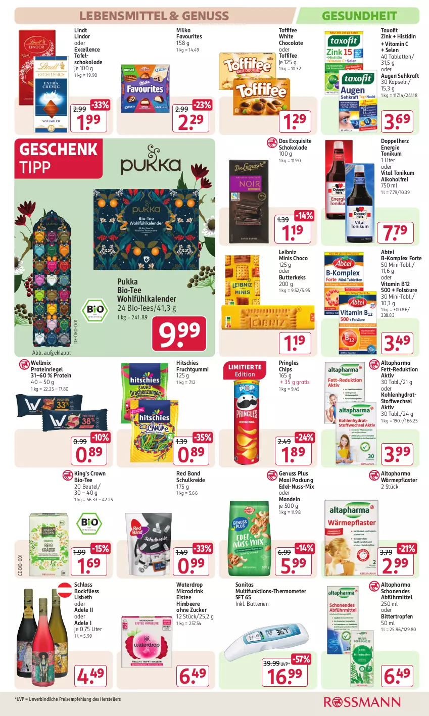 Aktueller Prospekt Rossmann - Prospekte - von 16.09 bis 20.09.2024 - strona 13 - produkty: Abtei, alkohol, Altapharma, B-Komplex, batterie, batterien, beere, beutel, bio, butter, butterkeks, chips, cola, doppelherz, drink, eis, eistee, elle, frucht, fruchtgummi, Gesundheit, himbeer, himbeere, keks, kraft, Kreide, lebensmittel, leibniz, lindor, lindt, mandel, mandeln, milka, nuss, pflaster, pringles, reis, riegel, ring, schoko, schokolade, Sehkraft, tablet, tablett, Tablette, tafelschokolade, Taxofit, tee, teller, thermometer, Ti, toffifee, vita, Vitamin B, Vitamin C, white chocolate, zucker