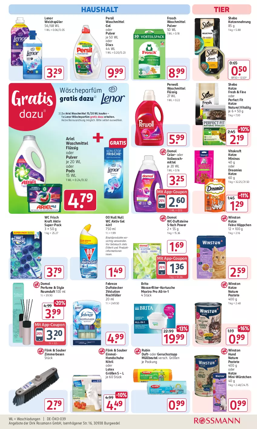 Aktueller Prospekt Rossmann - Prospekte - von 16.09 bis 20.09.2024 - strona 15 - produkty: aktiv gel, angebot, angebote, ariel, ariel waschmittel, beutel, bio, biozidprodukte, brita, coupon, Domol, dreamies, febreze, Frosch, handschuhe, katzennahrung, kraft, lenor, lenor weichspüler, Maxtra, Mini-Würstchen, müllbeutel, natur, natura, pastete, Perfect Fit, persil, persil waschmittel, perwoll, Pods, Rauch, Raumduft, Rubin, rwe, schuhe, sheba, Ti, vita, vitakraft, vitality, vollwaschmittel, wäscheparfüm, waschmittel, wasser, wasserfilter, wc frisch, WC Frisch Kraft Aktiv, wedel, weichspüler, würstchen