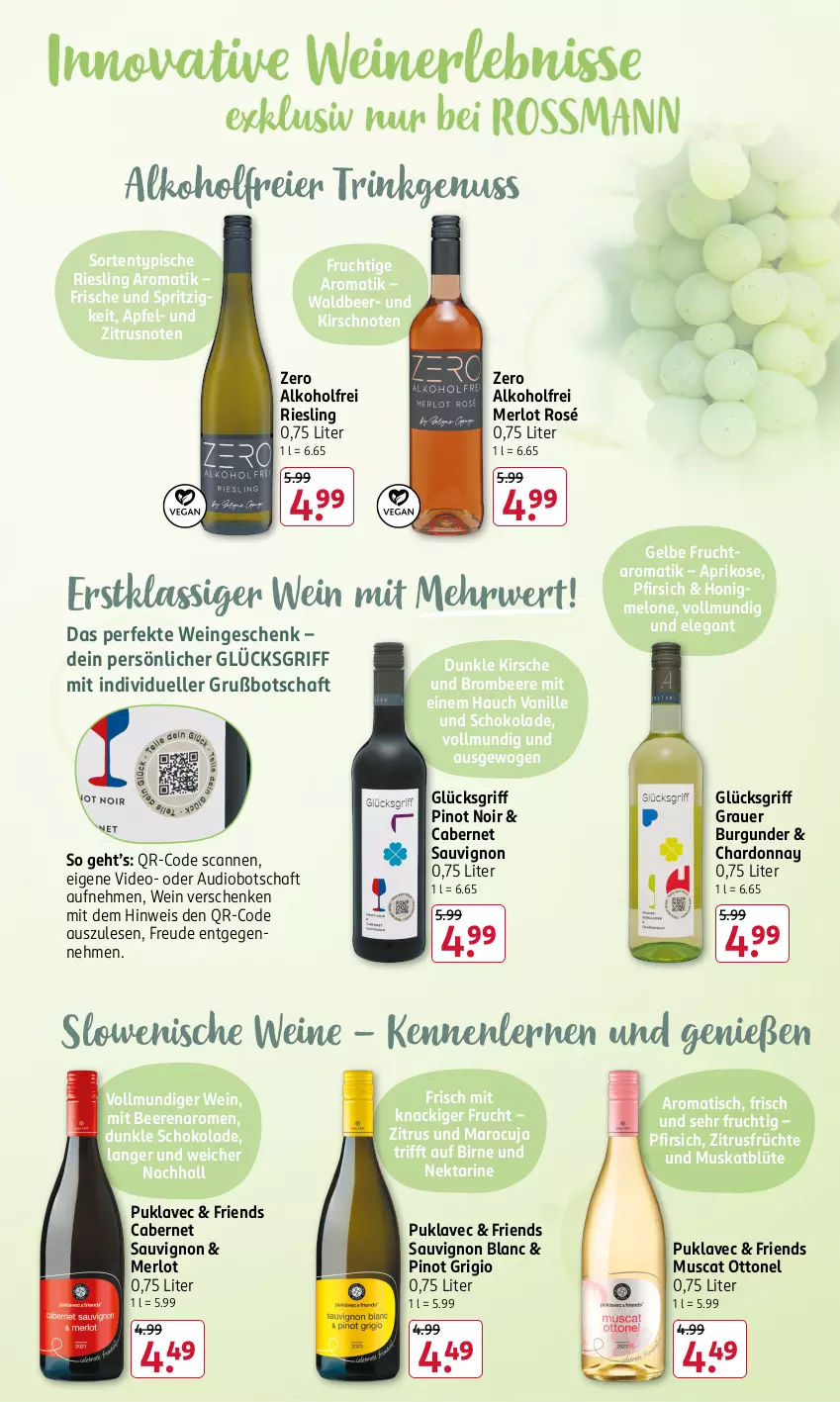 Aktueller Prospekt Rossmann - Prospekte - von 16.09 bis 20.09.2024 - strona 19 - produkty: alkohol, apfel, aprikose, auer, beere, beeren, Blüte, brombeere, burgunder, cabernet, cabernet sauvignon, chardonnay, deo, eier, eis, elle, frucht, früchte, grauer burgunder, honig, kirsch, kirsche, maracuja, melone, merl, merlot, muscat, Nektar, nuss, pfirsich, Pinot, pinot grigio, pinot noir, riesling, rwe, sauvignon, sauvignon blanc, schoko, schokolade, Ti, tisch, vanille, wein, weine