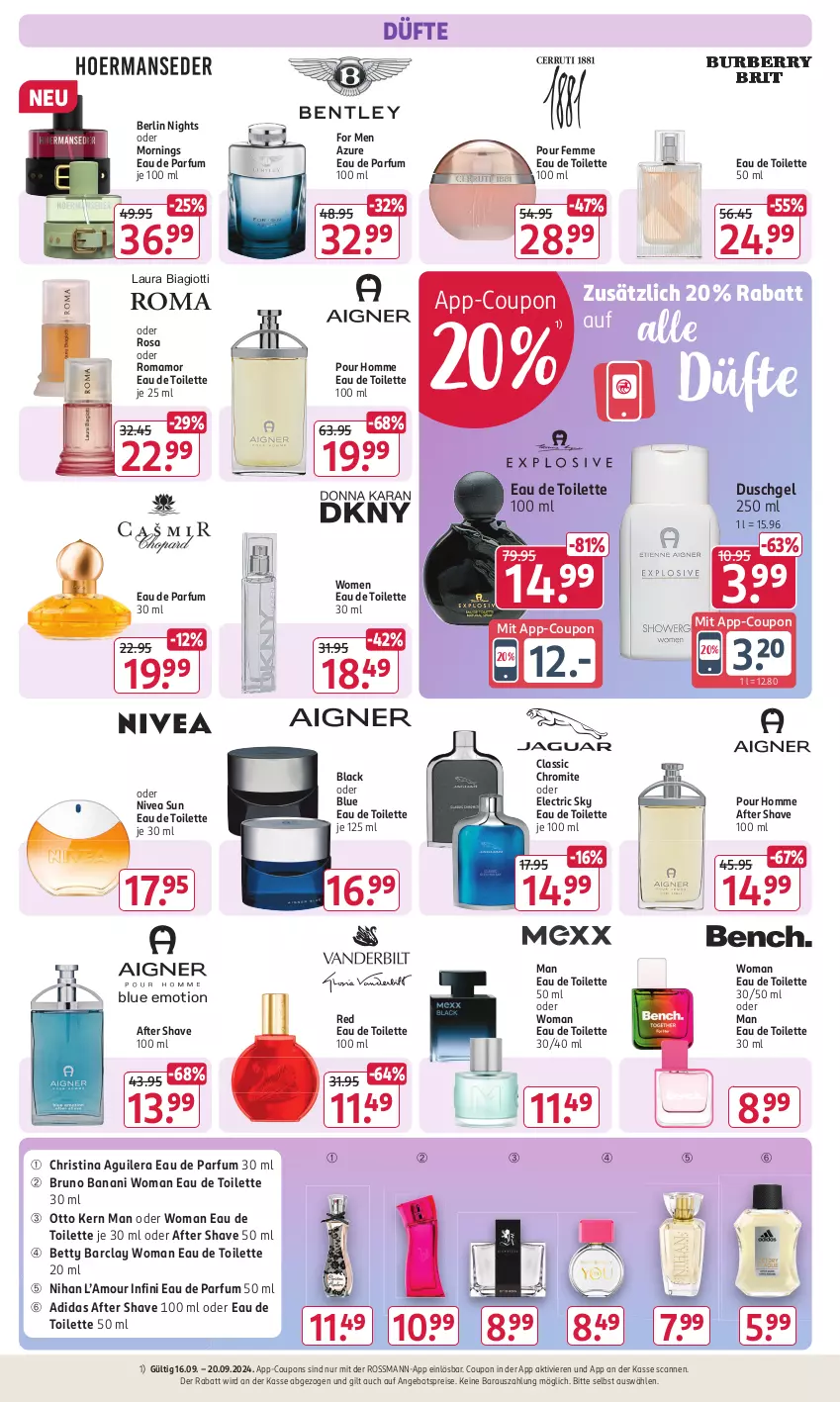 Aktueller Prospekt Rossmann - Prospekte - von 16.09 bis 20.09.2024 - strona 6 - produkty: Adidas, after shave, angebot, angebotspreis, bett, bruno banani, coupon, coupons, duschgel, Eau de parfum, eau de parfum 30 ml, eau de parfum 50 ml, eau de toilette, eau de toilette 100 ml, eau de toilette 30 ml, eau de toilette 50 ml, eis, lack, laura biagiotti, mam, nivea, nivea sun, Otto kern, parfum, reis, Ti