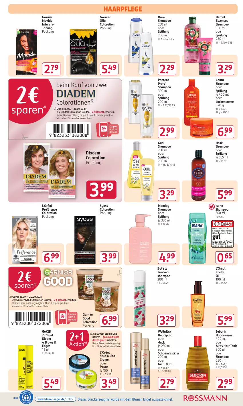 Aktueller Prospekt Rossmann - Prospekte - von 16.09 bis 20.09.2024 - strona 9 - produkty: auer, Colorationen, coupon, creme, diadem, dove, drucker, elvital, Engel, garnier, got2b, grüner tee, Guhl, haarpflege, haarspray, Hair Tonic, Intensivtönung, isana, kerze, kleber, lack, magazin, minze, oder schaumfestiger, pantene, pantene pro-v, pro-v, sana, schaumfestiger, shampoo, shampoo 250 ml, shampoo oder spülung, spülung, spülung 200 ml, syoss, tee, Ti, tonic, Trockenshampoo, vita, wasser, Wella, wellaflex, Yo