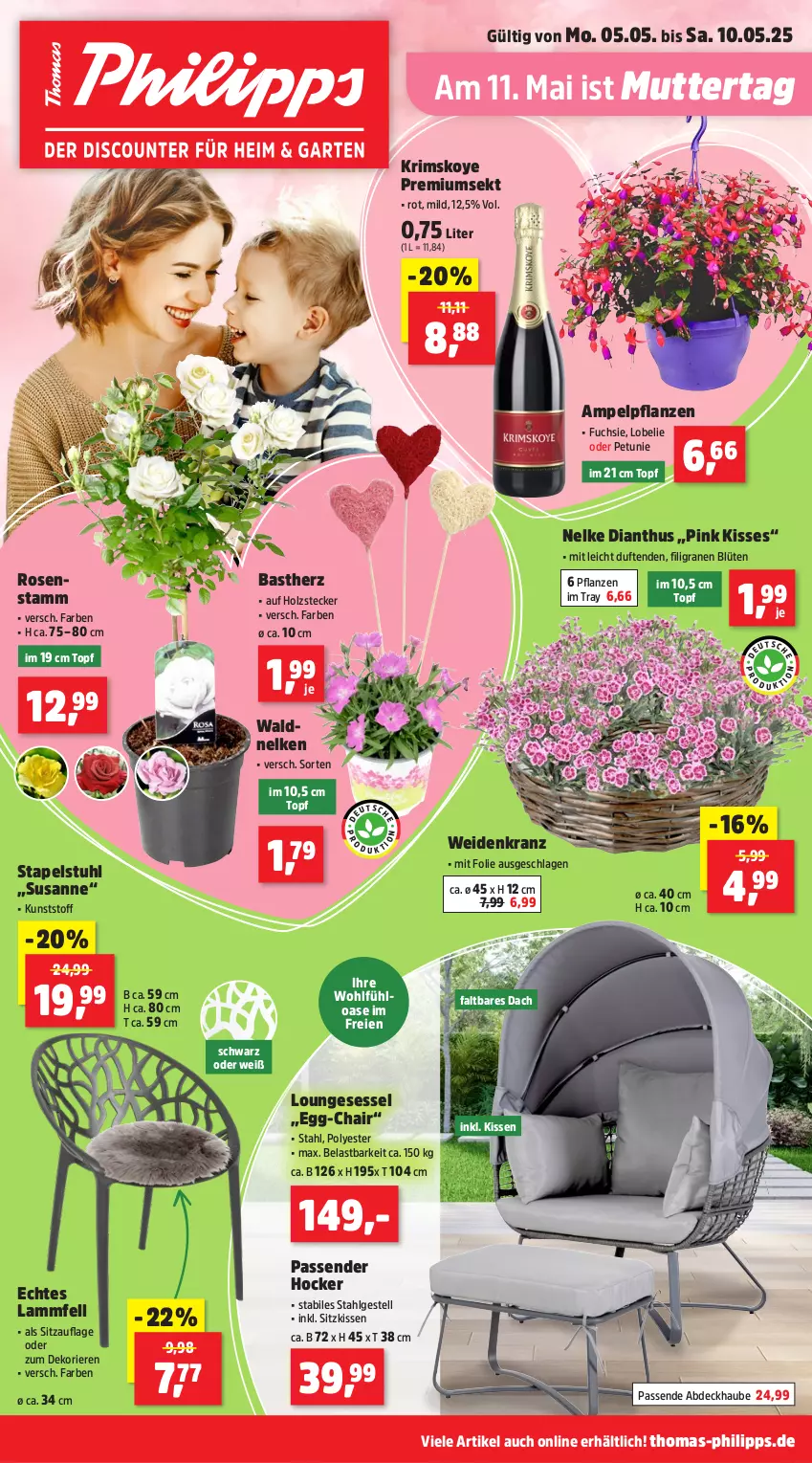 Aktueller Prospekt Thomas Philipps - von 05.05 bis 10.05.2025 - strona 1 - produkty: abdeckhaube, Blüte, hocker, Holz, kissen, Kranz, lamm, Lammfell, LG, Lobelie, loungesessel, petunie, pflanze, pflanzen, rosen, sekt, sessel, Sitzauflage, sitzkissen, stapelstuhl, stuhl, Ti, topf