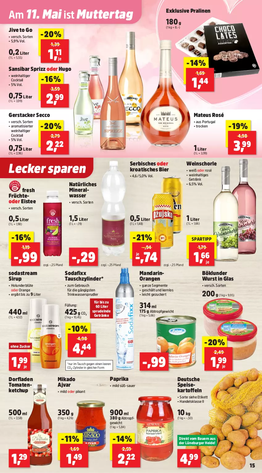 Aktueller Prospekt Thomas Philipps - von 05.05 bis 10.05.2025 - strona 16 - produkty: Ajvar, Alwa, auer, Bau, Bauer, bier, Blüte, böklunder, burger, cocktail, ecco, eis, eistee, ente, früchte, getränk, getränke, holunder, holunderblüte, hugo, kartoffel, kartoffeln, ketchup, mateus, mikado, mineralwasser, natürliches mineralwasser, orange, orangen, paprika, pralinen, Rauch, schorle, sirup, Soda, sodastream, spartipp, speisekartoffeln, Sprizz, Sprudel, tee, Ti, tisch, tomate, tomaten, tomatenketchup, wasser, wassersprudler, wein, weinschorle, wurst, zucker