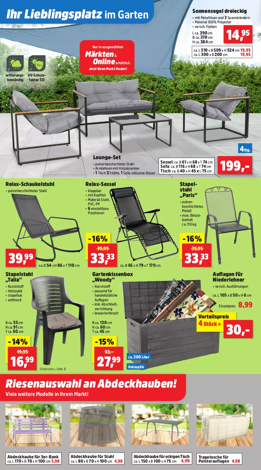 Aktueller Prospekt Thomas Philipps - von 05.05 bis 10.05.2025 - strona 2 - produkty: abdeckhaube, armlehnen, Bank, braun, dell, eis, elle, ente, Garten, Holz, kissen, LG, lounge-set, Mode, reis, rel, Ria, Schaukel, sessel, sitzkissen, Sofa, sonnensegel, stapelstuhl, Stühl, stuhl, Tasche, Ti, tisch, tragetasche, uv-schutz, vorteilspreis