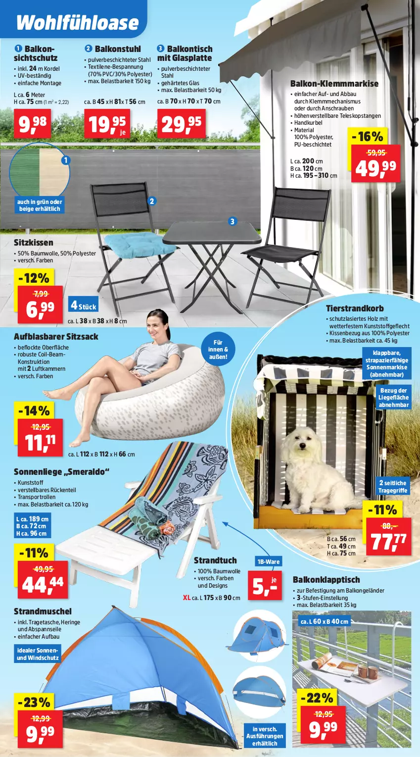 Aktueller Prospekt Thomas Philipps - von 05.05 bis 10.05.2025 - strona 4 - produkty: Abba, Bau, baumwolle, ente, glasplatte, hering, Holz, kissen, Kissenbezug, klapptisch, Klemmmarkise, korb, kunststoffgeflecht, latte, Liege, ndk, Ria, ring, sac, schrauben, sitzkissen, sonnenliege, Sport, strandkorb, strandtuch, stuhl, Tasche, Teleskop, Ti, tisch, tragegriff, tragetasche, tuc, Windschutz, wolle