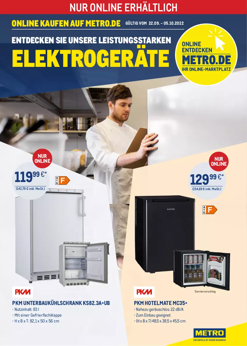 Aktueller Prospekt Metro - ONLINE-MARKTPLATZ - von 22.09 bis 05.10.2022 - strona 1 - produkty: Bau, decke, eis, Elektro, elektrogeräte, gefrierfach, kühlschrank, Metro, Schrank, Ti