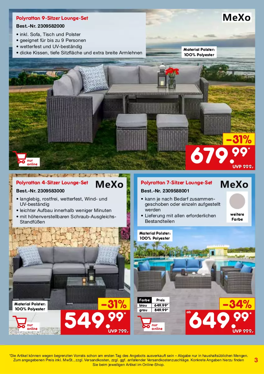 Aktueller Prospekt Netto Marken-Discount - Online-SonderangeboteGarten - von 23.02.2023 bis 30.04.2021 - strona 3 - produkty: angebot, armlehnen, Bau, Brei, eis, erde, kissen, lounge-set, ndk, reis, Ria, Sofa, Ti, tisch, ZTE