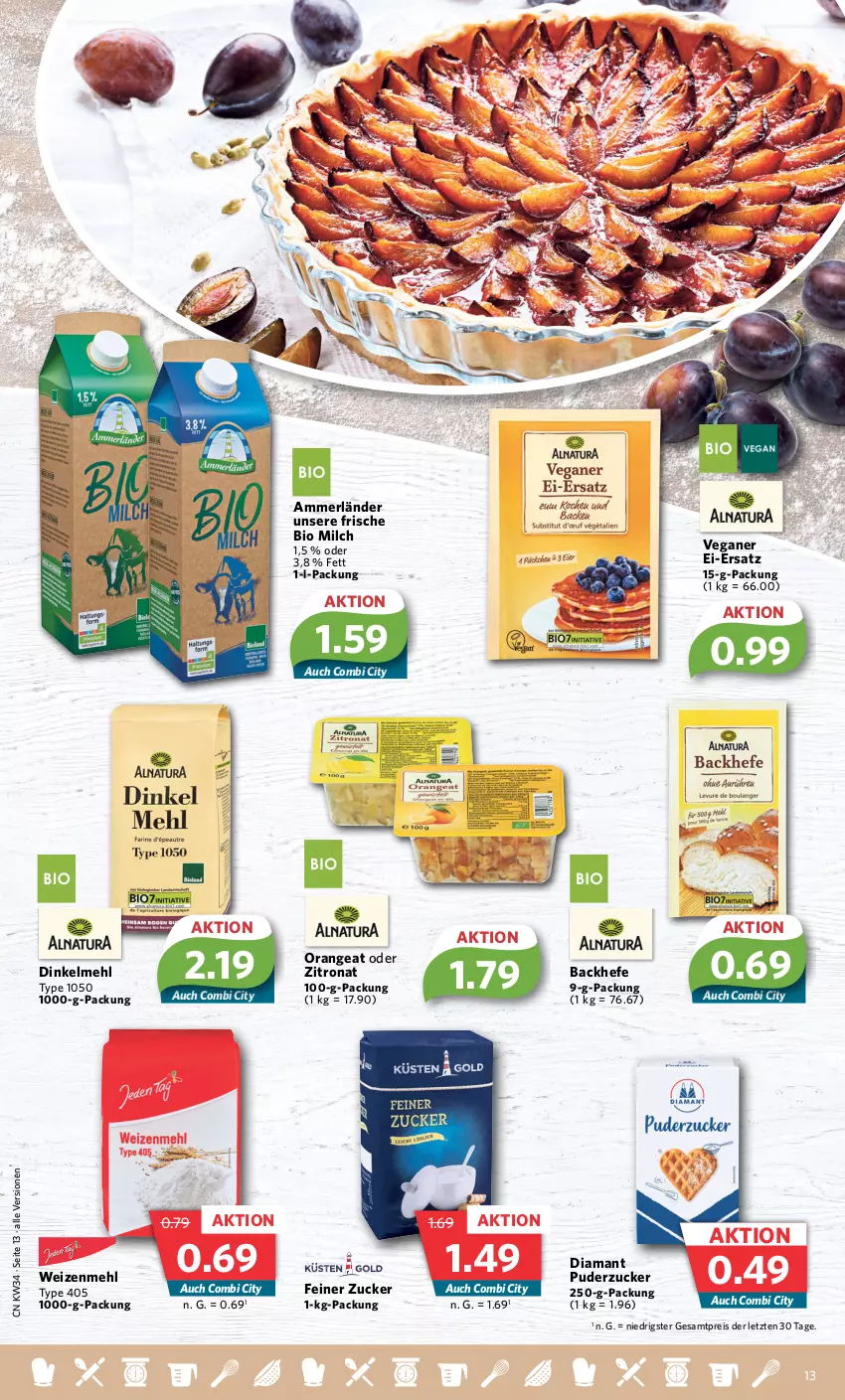 Aktueller Prospekt Combi - Prospekte - von 21.08 bis 26.08.2023 - strona 13 - produkty: ammerländer, angebot, angebote, bio, dinkelmehl, eier, eis, Hefe, mehl, merl, milch, orange, reis, Ti, type 405, weizenmehl, ZTE, zucker