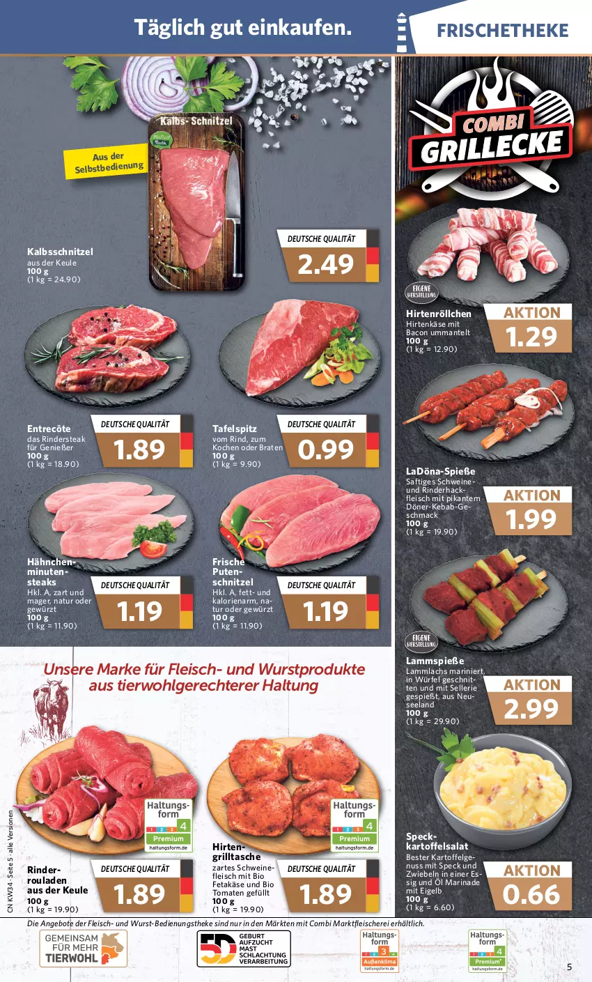 Aktueller Prospekt Combi - Prospekte - von 21.08 bis 26.08.2023 - strona 5 - produkty: angebot, angebote, bacon, bio, braten, eis, Elan, elle, entrecôte, essig, felgen, feta, fleisch, Fleischerei, gewürz, grill, hackfleisch, hirtenkäse, Hirtenröllchen, kalbsschnitzel, kartoffel, kartoffelsalat, Käse, lachs, lamm, Lammspieße, LG, mac, Mantel, marinade, natur, nuss, pute, rind, rinder, rinderhackfleisch, Rindersteak, rouladen, saft, salat, Schere, schnitten, schnitzel, schwein, schweine, Speck, steak, steaks, tafelspitz, Tasche, Ti, tomate, tomaten, wein, weine, würfel, wurst, zwiebel, zwiebeln