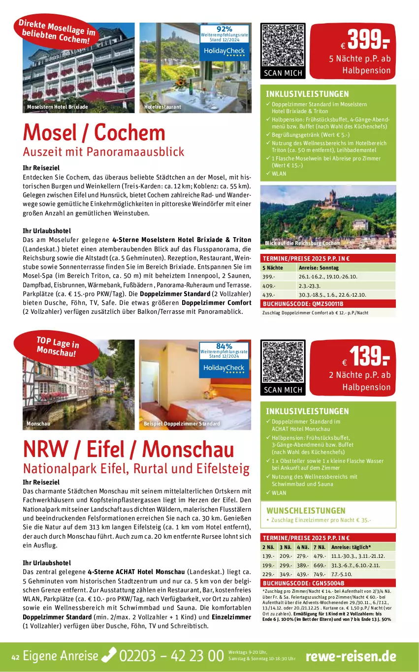 Aktueller Prospekt Rewe Reisen - Reiseprospekt - von 23.12.2024 bis 31.01.2025 - strona 42 - produkty: axe, Bad, Bademantel, Bank, bett, Brei, brunnen, buch, decke, dusche, eier, eis, elle, ente, flasche, getränk, harman, inklusivleistungen, innenpool, küche, Küchen, kurtaxe, leine, LG, mab, Mantel, natur, obst, pflaster, pool, rama, reis, rezept, rum, rwe, schreibtisch, stube, teller, Ti, tisch, uhr, usb, wasser, wein, wellnessbereich, ZTE