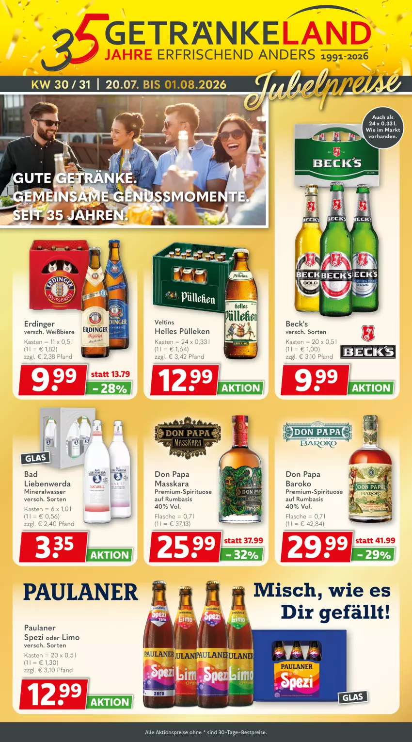 Aktueller Prospekt Getraenkeland - von 20.07 bis 01.08.2026 - strona 1 - produkty: aktionspreis, Alwa, Bad, bestpreis, bestpreise, bier, Biere, eis, elle, erdinger, flasche, getränk, getränke, limo, mineralwasser, Paula, paulaner, reis, rum, Spezi, Ti, veltins, wasser