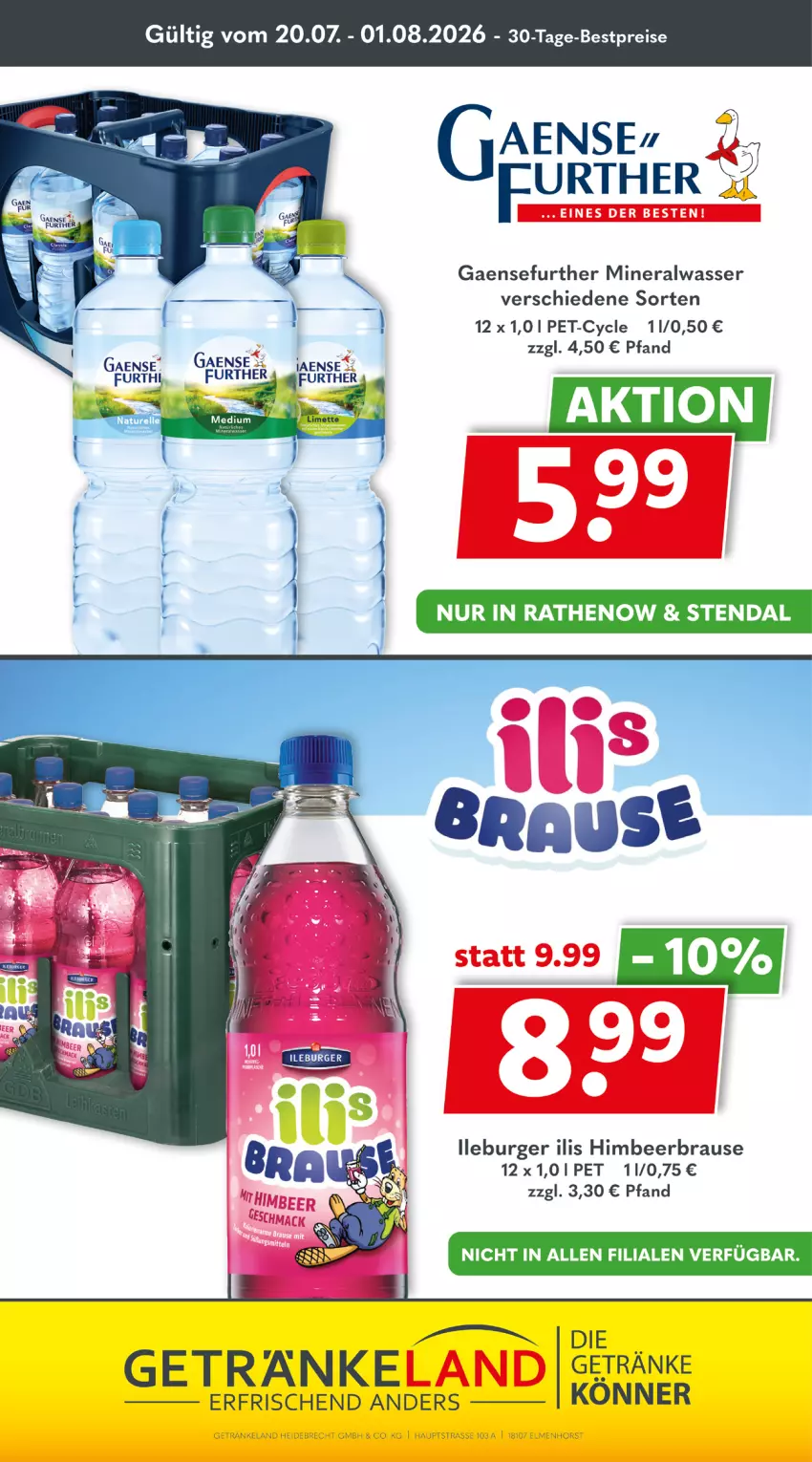 Aktueller Prospekt Getraenkeland - von 20.07 bis 01.08.2026 - strona 10 - produkty: Alwa, bestpreis, bestpreise, brause, burger, eis, Elan, getränk, getränke, himbeer, mineralwasser, reis, Ti, wasser