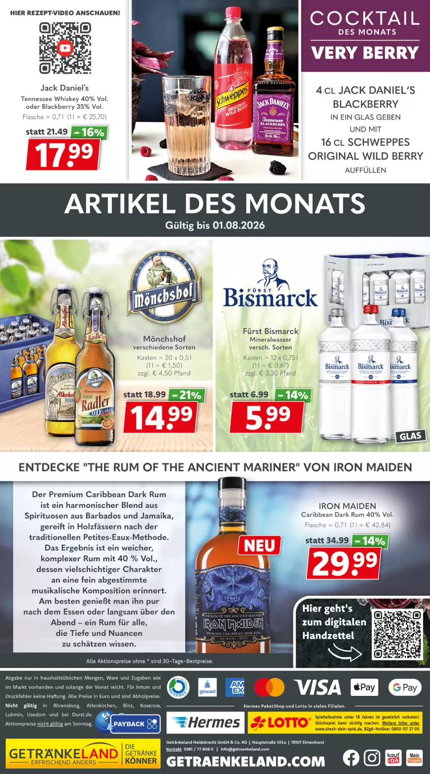 Aktueller Prospekt Getraenkeland - von 20.07 bis 01.08.2026 - strona 8 - produkty: abholpreise, aktionspreis, Alwa, Bad, bett, bismarck, deo, eis, Elan, elle, flasche, getränk, getränke, gin, Holz, jack daniel, jack daniel's, Jack Daniel’s, lack, mac, mineralwasser, mönchshof, Nuance, payback, reis, rezept, rum, schweppes, sim, spirituosen, tee, tennessee whiskey, Ti, wasser, whiskey, Wild, wild berry