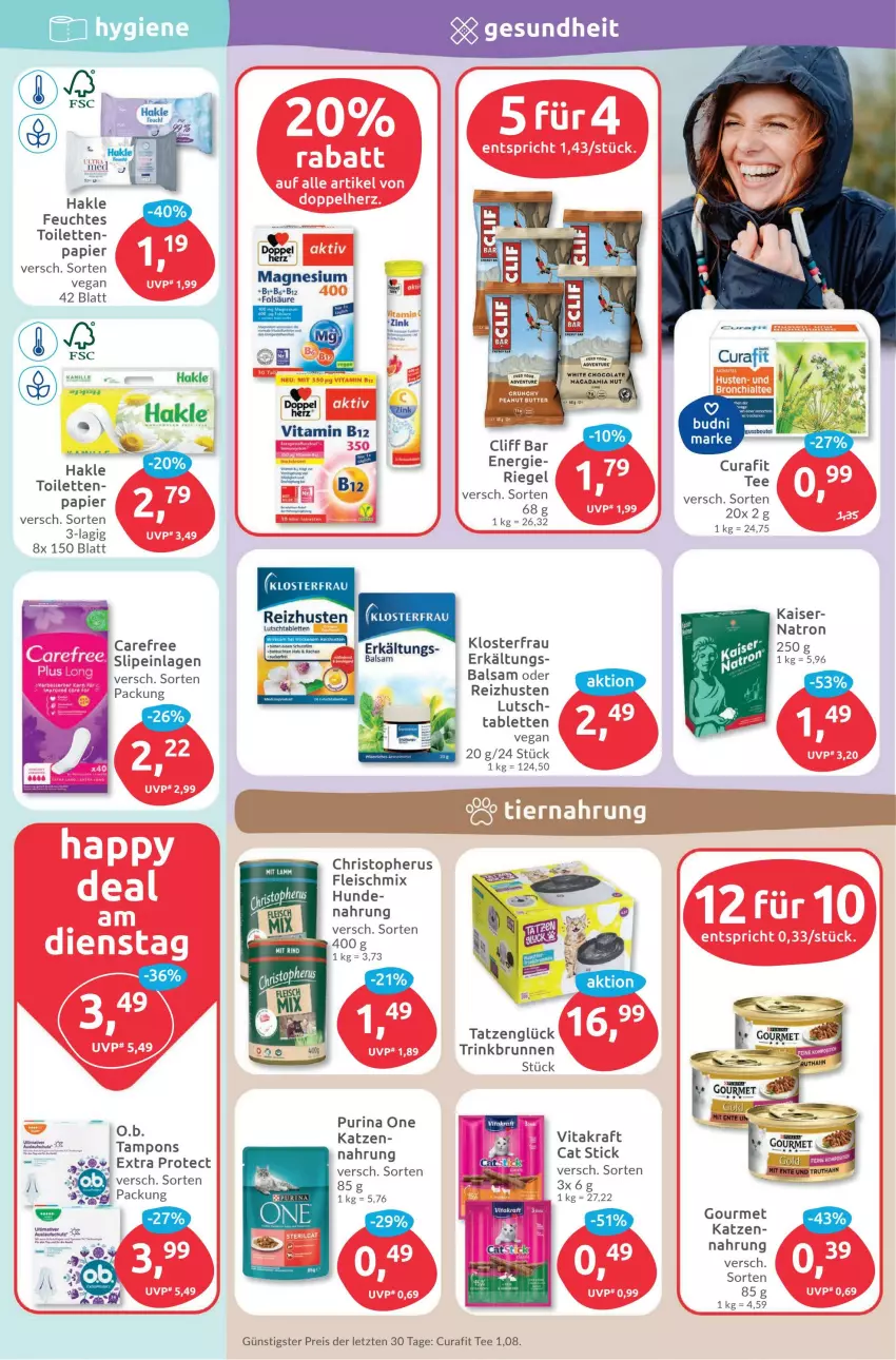 Aktueller Prospekt Budni - Prospekte - von 14.11 bis 19.11.2022 - strona 5 - produkty: balsam, brunnen, carefree, cola, eis, Erkältungs, fleisch, Gesundheit, hakle, Kaiser, kraft, mac, macadamia, O.b., papier, purina, reis, riegel, ring, slip, slipeinlagen, tablet, tablett, Tablette, Tampon, tampons, tee, Ti, truthahn, vita, vitakraft, Vitamin B, white chocolate, ZTE