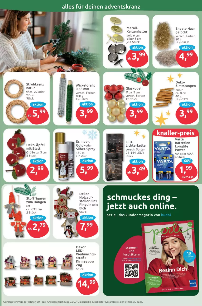 Aktueller Prospekt Budni - Prospekte - von 14.11 bis 19.11.2022 - strona 7 - produkty: Adventskranz, batterie, batterien, Draht, eis, elle, Engel, Haushaltsgeräte, Holz, kerze, Kerzenhalter, Kette, Kranz, lichterkette, longlife, magazin, natur, pingui, Rauch, reis, rum, Schmuck, Strohkranz, teller, Ti, varta, WICK, ZTE