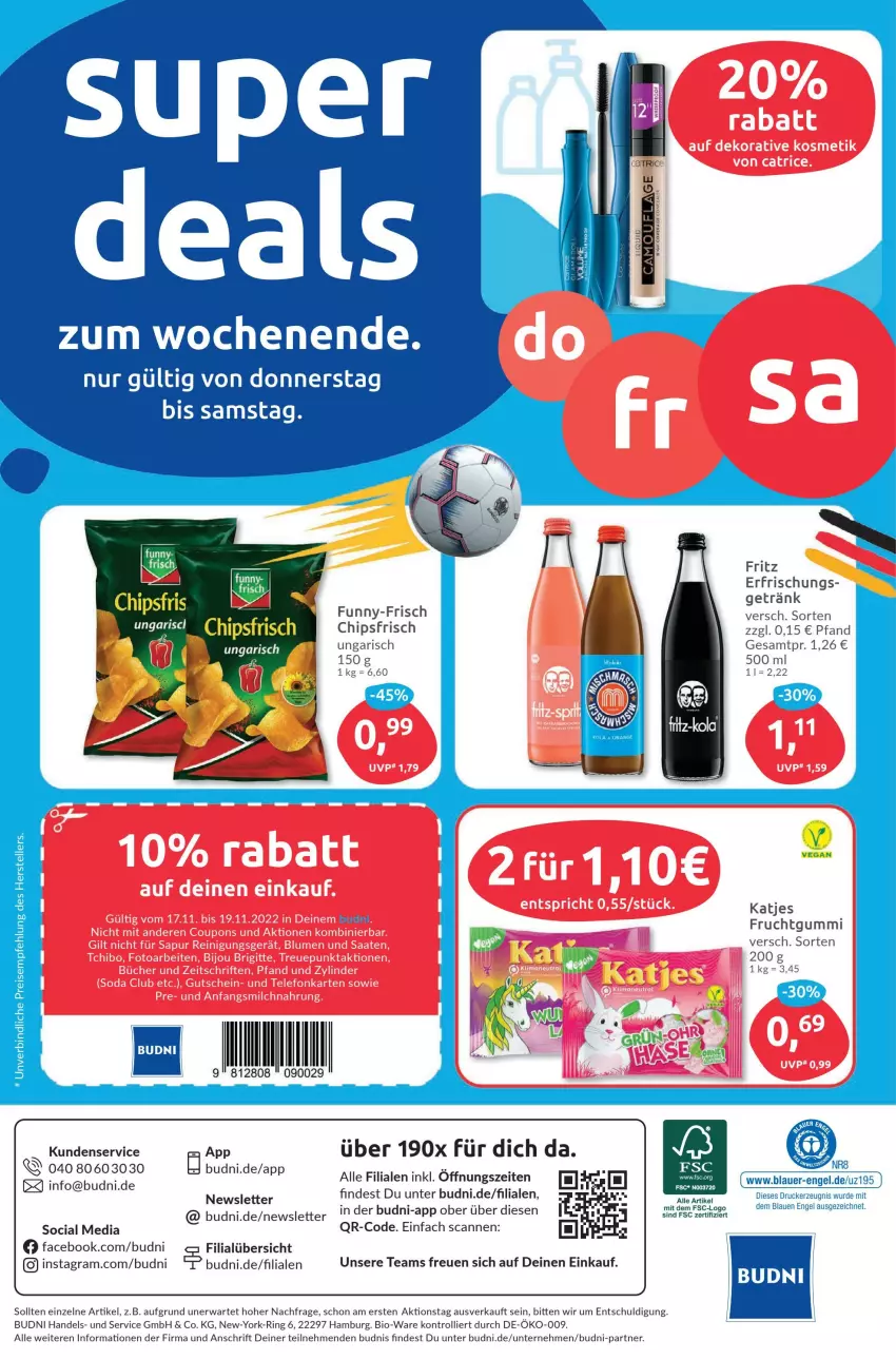 Aktueller Prospekt Budni - Prospekte - von 14.11 bis 19.11.2022 - strona 8 - produkty: auer, bio, brie, chips, chipsfrisch, drucker, eis, elle, Engel, fritz, frucht, fruchtgummi, funny-frisch, getränk, katjes, kerze, reis, ring, teller, Ti, trolli, Yo