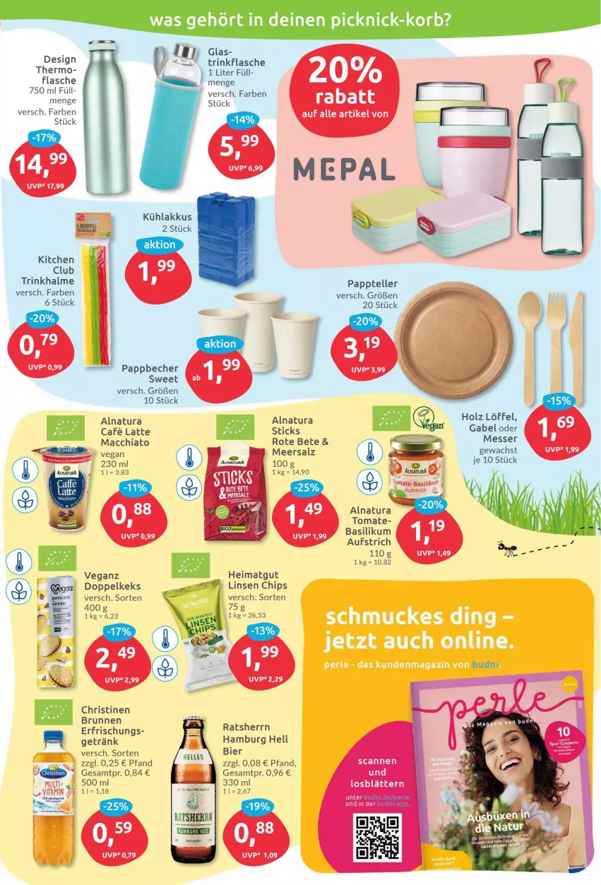 Aktueller Prospekt Budni - Prospekte - von 11.07 bis 16.07.2022 - strona 7 - produkty: ACC, akku, aufstrich, basilikum, Becher, bier, brunnen, chia, chips, elle, flasche, gabel, getränk, Holz, keks, korb, kühlakku, kühlakkus, latte, linsen, Löffel, mac, macchiato, meersalz, messer, natur, natura, Ratsherrn, rote bete, rwe, salz, teller, Ti, tomate, trinkflasche, Trinkhalme