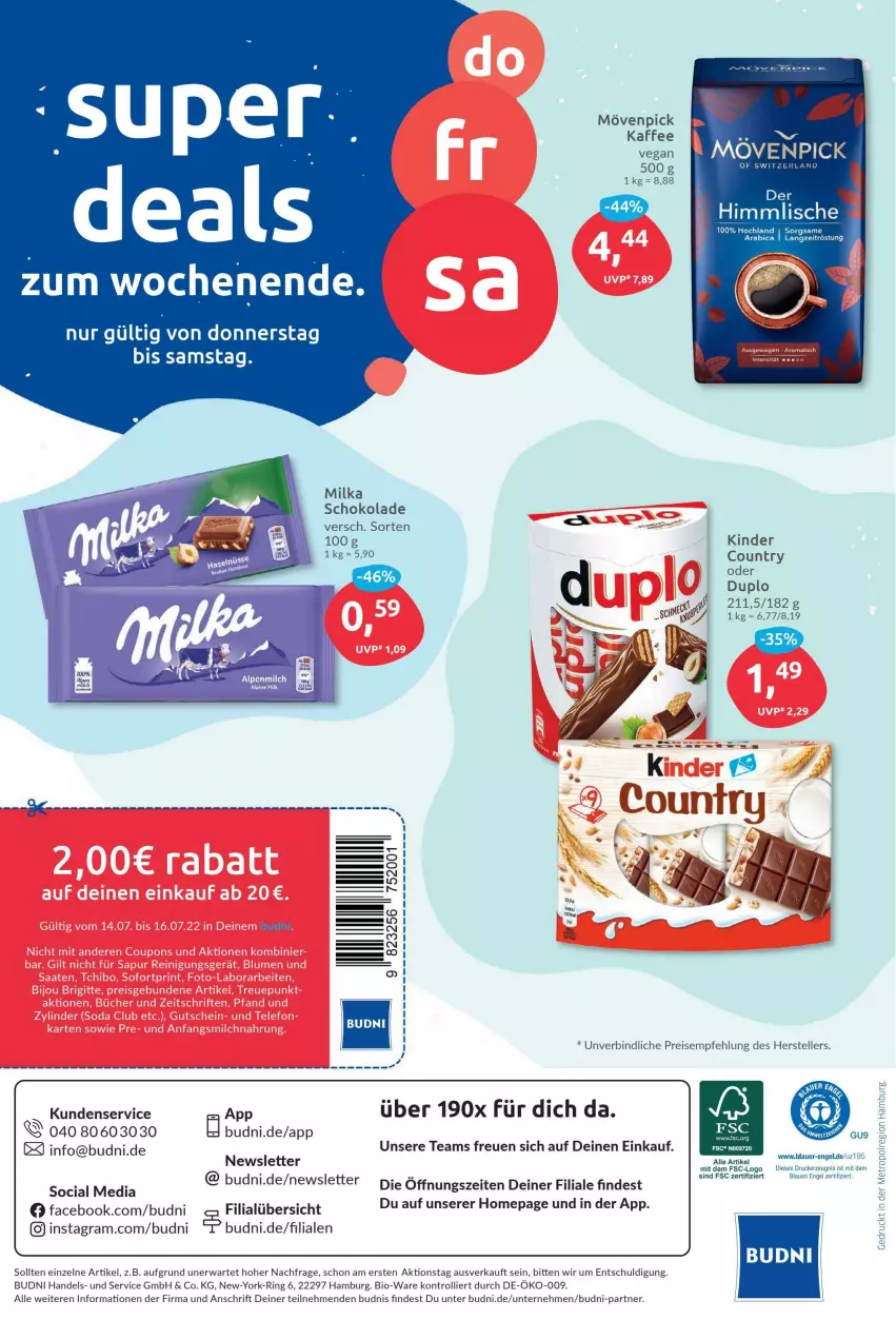 Aktueller Prospekt Budni - Prospekte - von 11.07 bis 16.07.2022 - strona 8 - produkty: auer, bio, drucker, duplo, eis, elle, Engel, hochland, kaffee, kerze, Kinder, kinder country, Metro, milka, milka schokolade, mövenpick, Omep, reis, ring, schoko, schokolade, teller, Ti, trolli, Yo