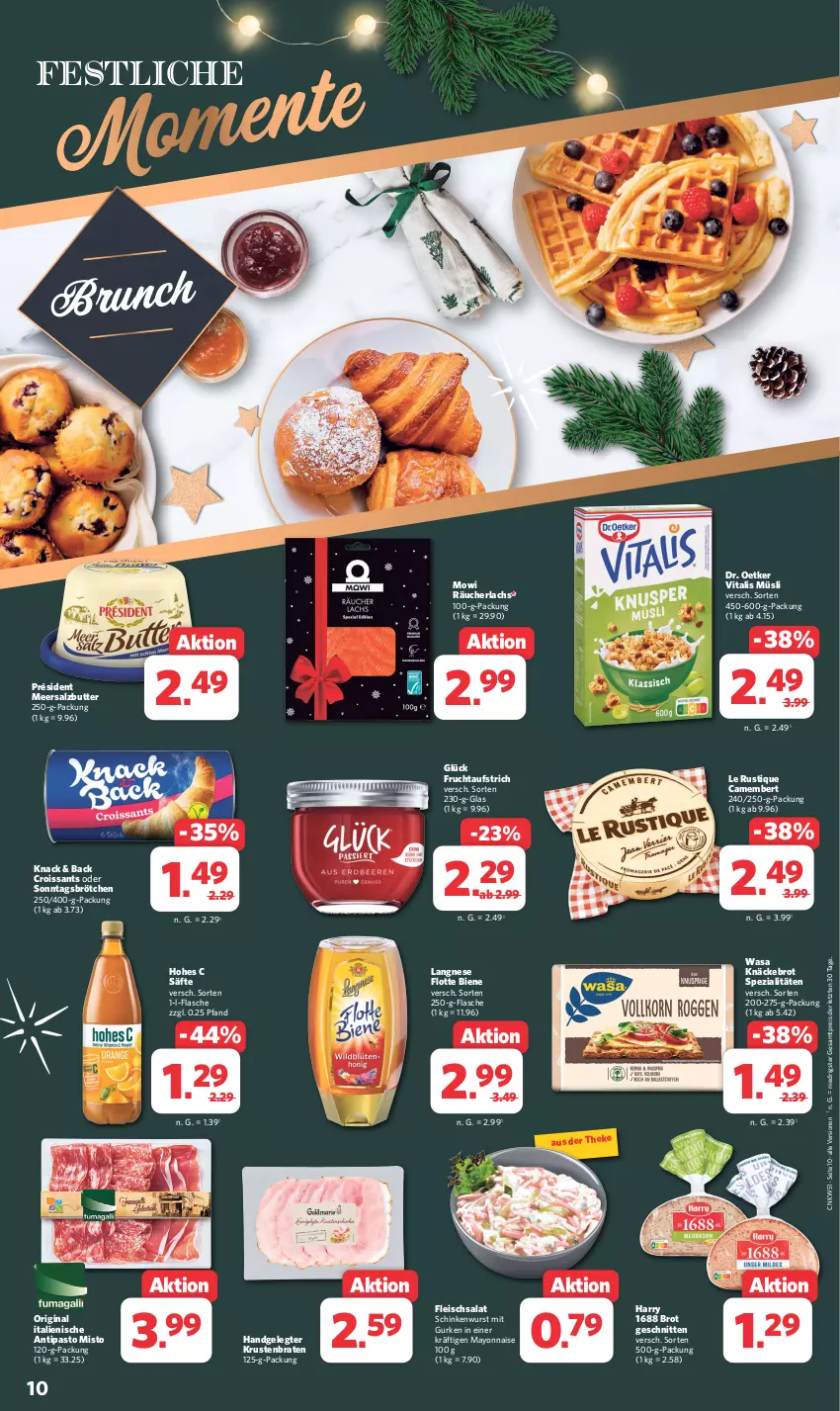 Aktueller Prospekt Combi - Prospekte - von 18.12 bis 23.12.2023 - strona 10 - produkty: aufstrich, braten, brot, brötchen, butter, camembert, Croissant, croissants, Dr. Oetker, eis, flasche, fleisch, fleischsalat, frucht, fruchtaufstrich, gin, gurke, gurken, Hohes C, knäckebrot, krustenbraten, lachs, langnese, Le Rustique, mayonnaise, meersalz, Meersalzbutter, müsli, Räucherlachs, reis, säfte, salat, salz, schinken, schinkenwurst, schnitten, Sonntagsbrötchen, Spezi, Ti, vita, vitalis, vitalis müsli, wasa, wurst, Yo, ZTE