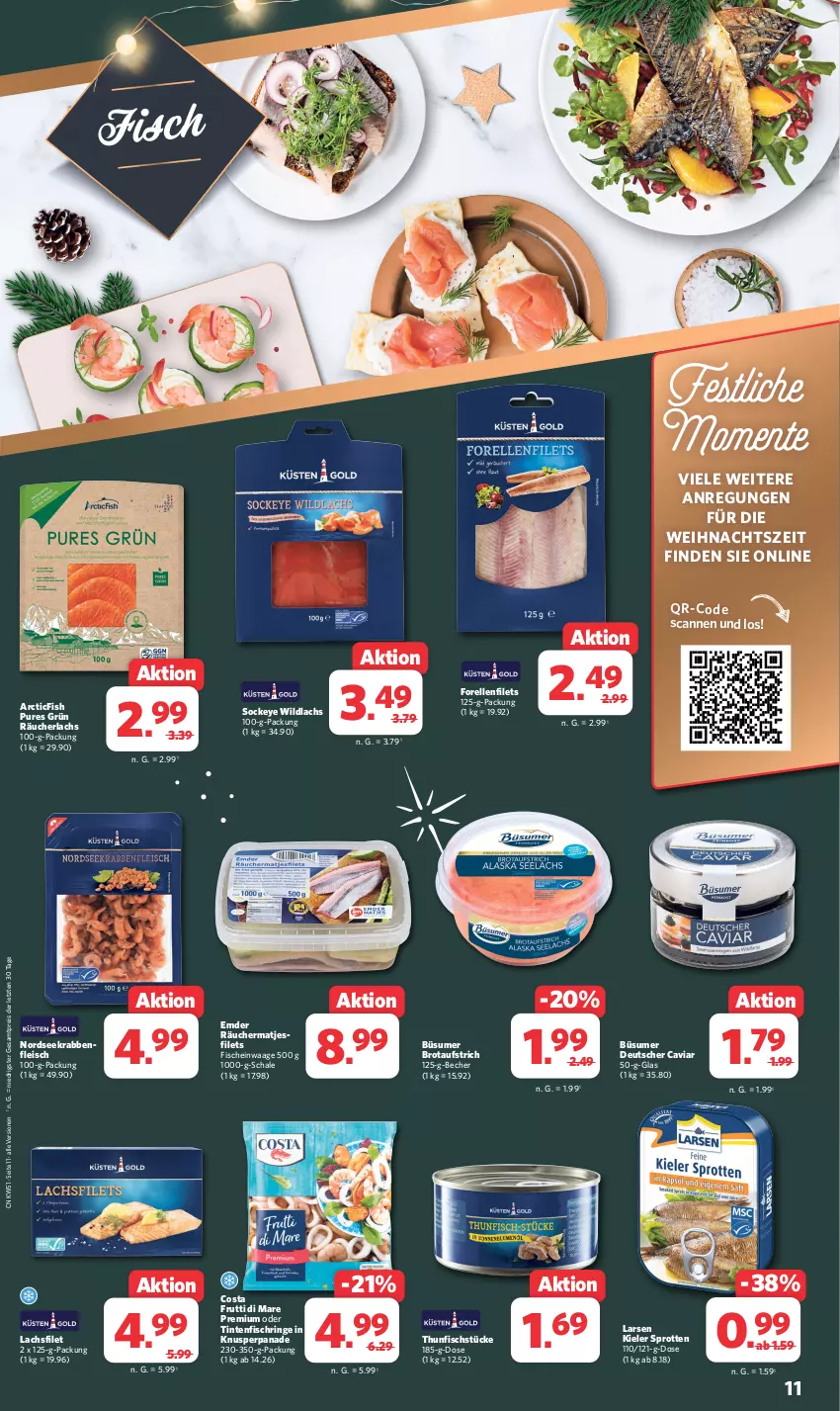 Aktueller Prospekt Combi - Prospekte - von 18.12 bis 23.12.2023 - strona 11 - produkty: aufstrich, Becher, brot, brotaufstrich, Caviar, eis, elle, ente, filet, filets, fisch, fische, fleisch, forelle, frutti di mare, lachs, lachsfilet, matjes, Nordsee, Räucherlachs, reis, rel, ring, Schal, Schale, Sprotten, thunfisch, Ti, Tintenfischringe, Waage, Wild, wildlachs, ZTE