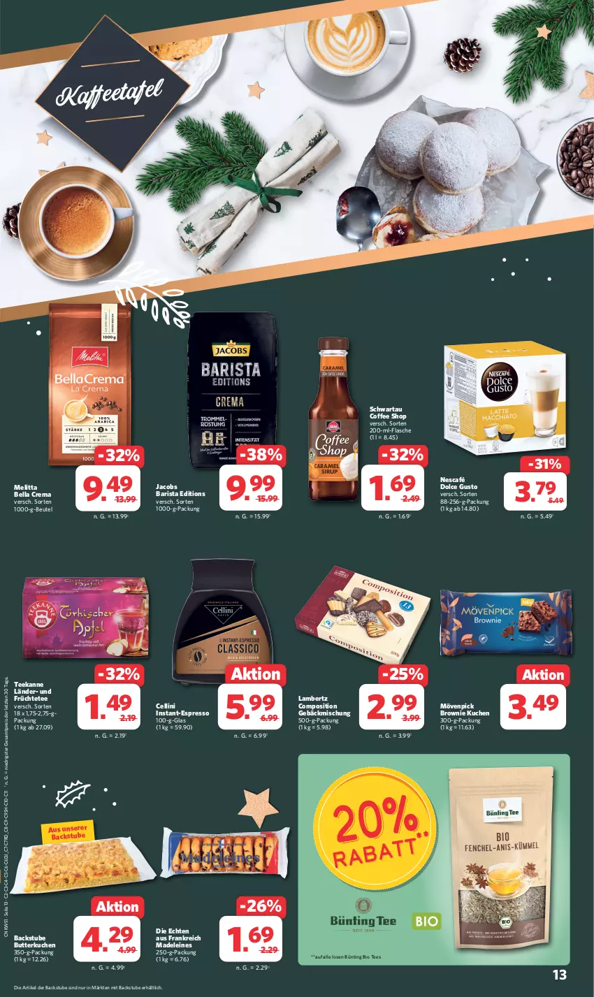 Aktueller Prospekt Combi - Prospekte - von 18.12 bis 23.12.2023 - strona 13 - produkty: Amber, bella crema, beutel, bio, brownie, butter, dolce gusto, eis, espresso, flasche, früchte, Früchtetee, gebäckmischung, jacobs, kaffee, kuchen, lambertz, leine, melitta, mövenpick, Nescafé, reis, Schwartau, stube, tee, teekanne, Ti, ZTE