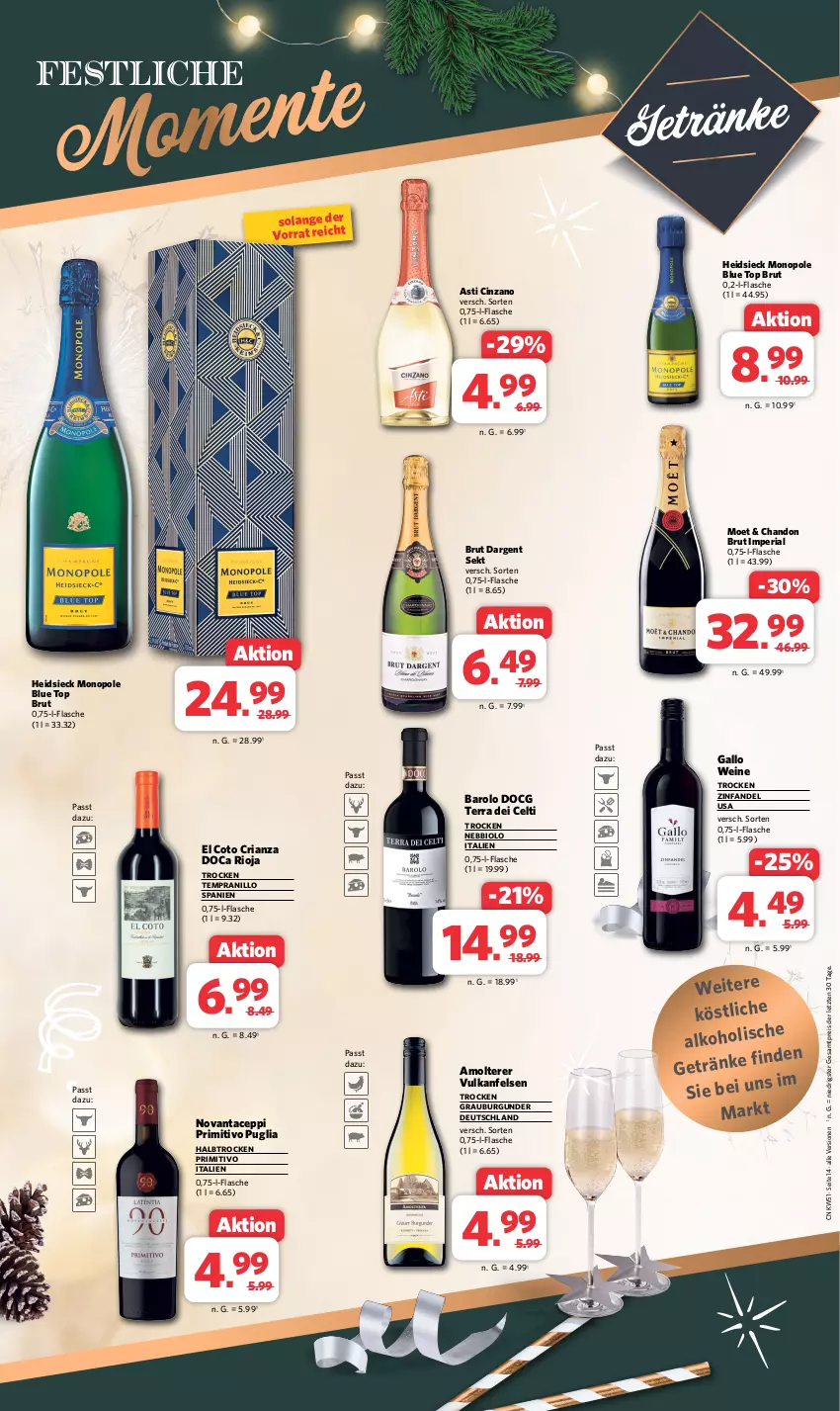 Aktueller Prospekt Combi - Prospekte - von 18.12 bis 23.12.2023 - strona 14 - produkty: asti, Barolo, bio, brut, brut dargent, burgunder, cin, cinzano, eis, flasche, gallo, getränk, getränke, grauburgunder, moet, primitivo, reis, Ria, rioja, sekt, tempranillo, Ti, wein, weine, ZTE