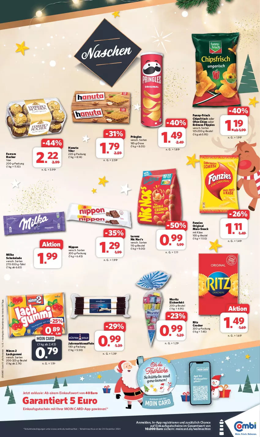 Aktueller Prospekt Combi - Prospekte - von 18.12 bis 23.12.2023 - strona 15 - produkty: beutel, chips, chipsfrisch, cracker, eis, eiskonfekt, erdnuss, ferrero, Ferrero Rocher, flippies, funny-frisch, gin, gutschein, gutscheine, hanuta, Käse, lachgummi, lorenz, mais, milka, milka schokolade, Nimm 2, nippon, nuss, Ofen, pringles, reis, ring, schoko, schokolade, snack, Ti, waffeln, weihnachten, ZTE