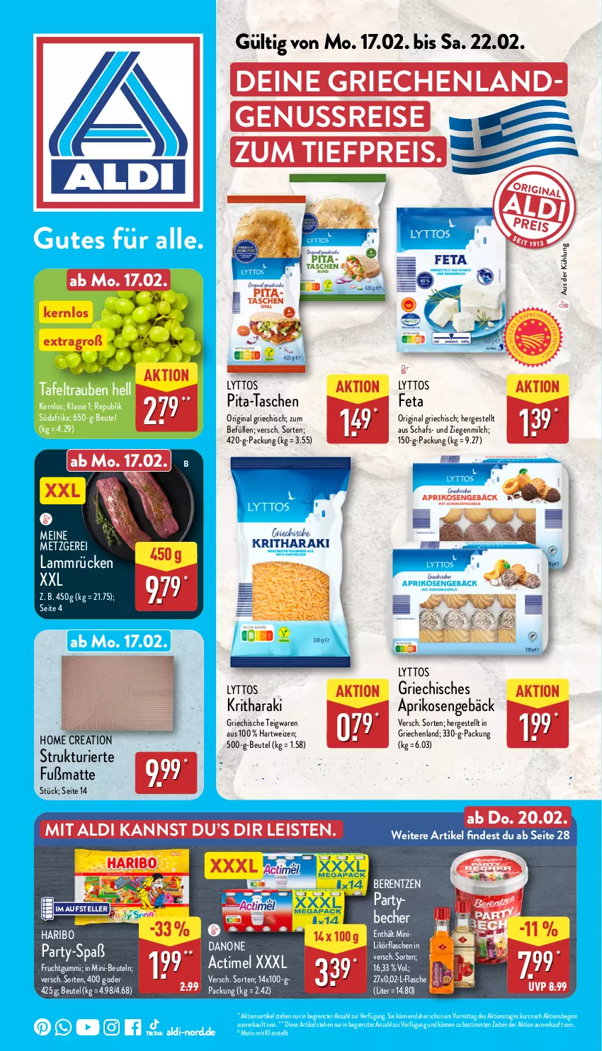 Aktueller Prospekt Aldi Nord - Von Montag - von 17.02 bis 22.02.2025 - strona 1 - produkty: actimel, aldi, aprikose, aprikosen, Becher, berentzen, beutel, danone, eis, elle, feta, flasche, frucht, fruchtgummi, Fußmatte, gin, haribo, hartweizen, lamm, Lammrücken, likör, milch, nuss, reis, tafeltrauben, Tasche, taschen, teigwaren, teller, Ti, tiefpreis, trauben, ZTE