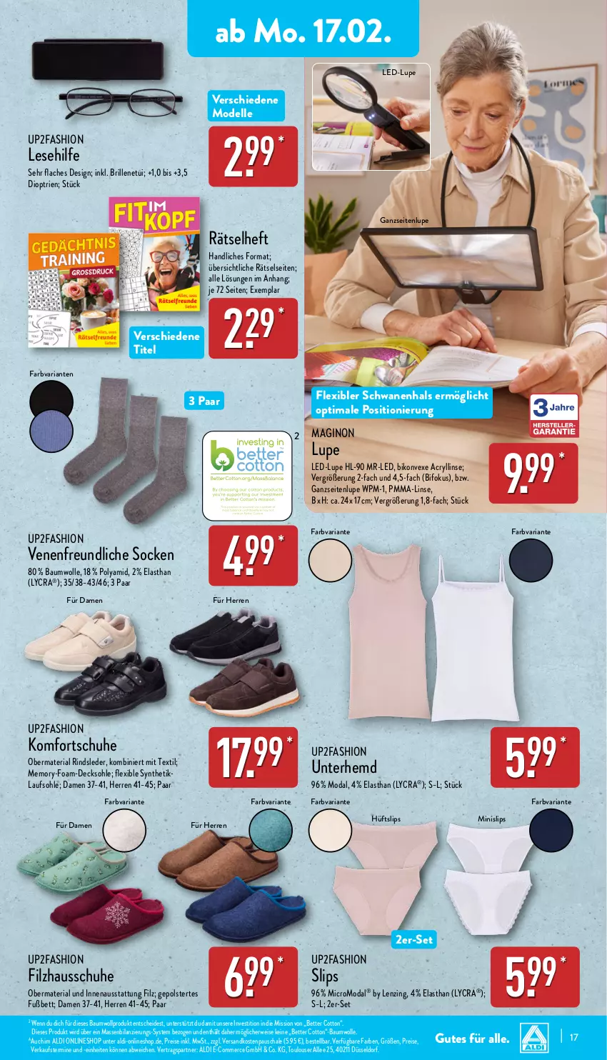 Aktueller Prospekt Aldi Nord - Von Montag - von 17.02 bis 22.02.2025 - strona 17 - produkty: aldi, Bau, baumwolle, bett, Brille, decksohle, dell, eis, elle, gin, Hausschuhe, hemd, lenzing, Minislip, Mode, ndk, reis, Ria, rind, rwe, Schal, Schale, schuhe, slip, slips, socken, Ti, Unterhemd, up2fashion, wolle