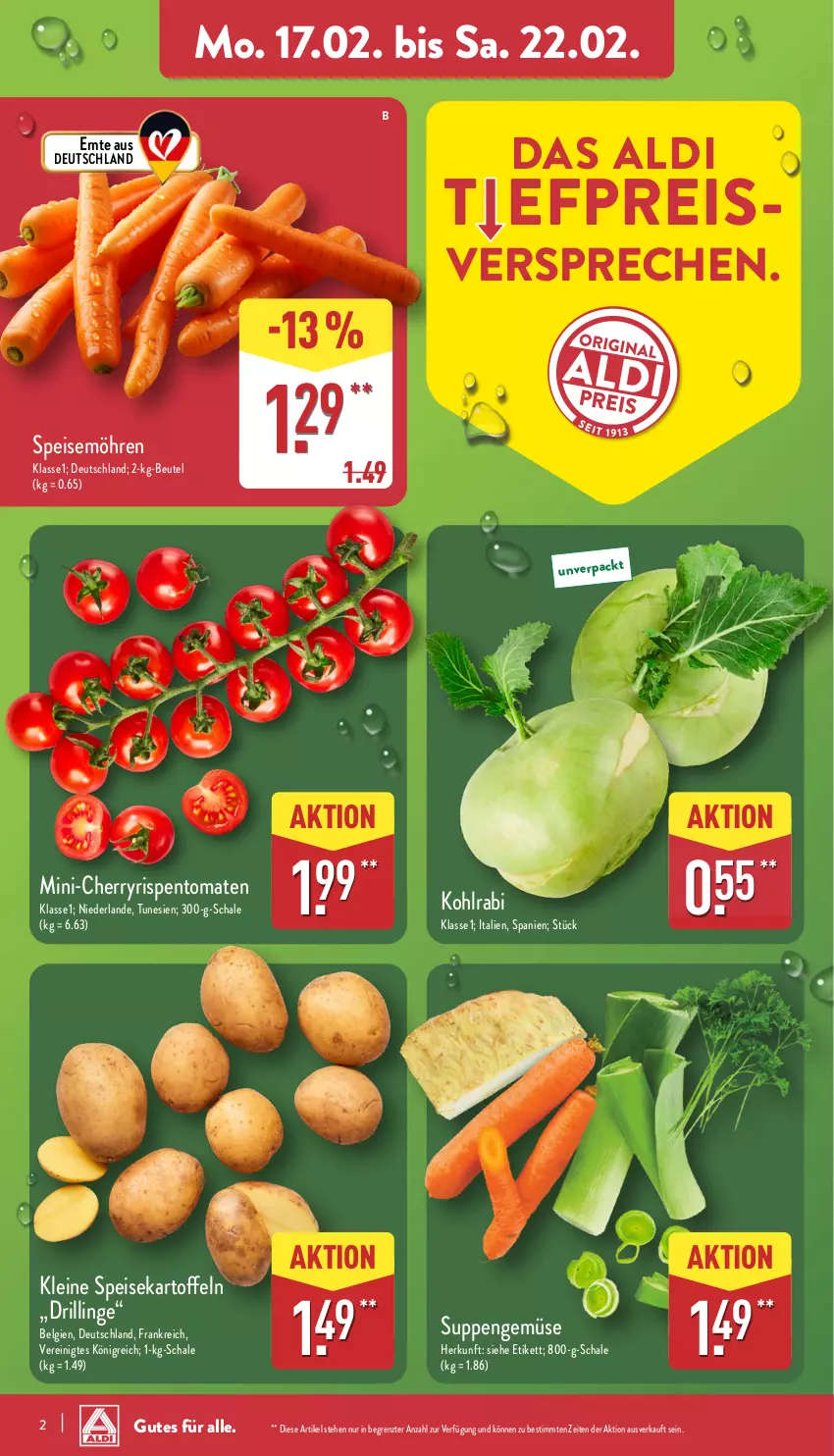 Aktueller Prospekt Aldi Nord - Von Montag - von 17.02 bis 22.02.2025 - strona 2 - produkty: aldi, beutel, eis, kartoffel, kartoffeln, kohlrabi, leine, LG, möhren, reis, rispentomaten, Schal, Schale, speisekartoffeln, speisemöhren, suppe, suppen, Ti, tomate, tomaten, ZTE