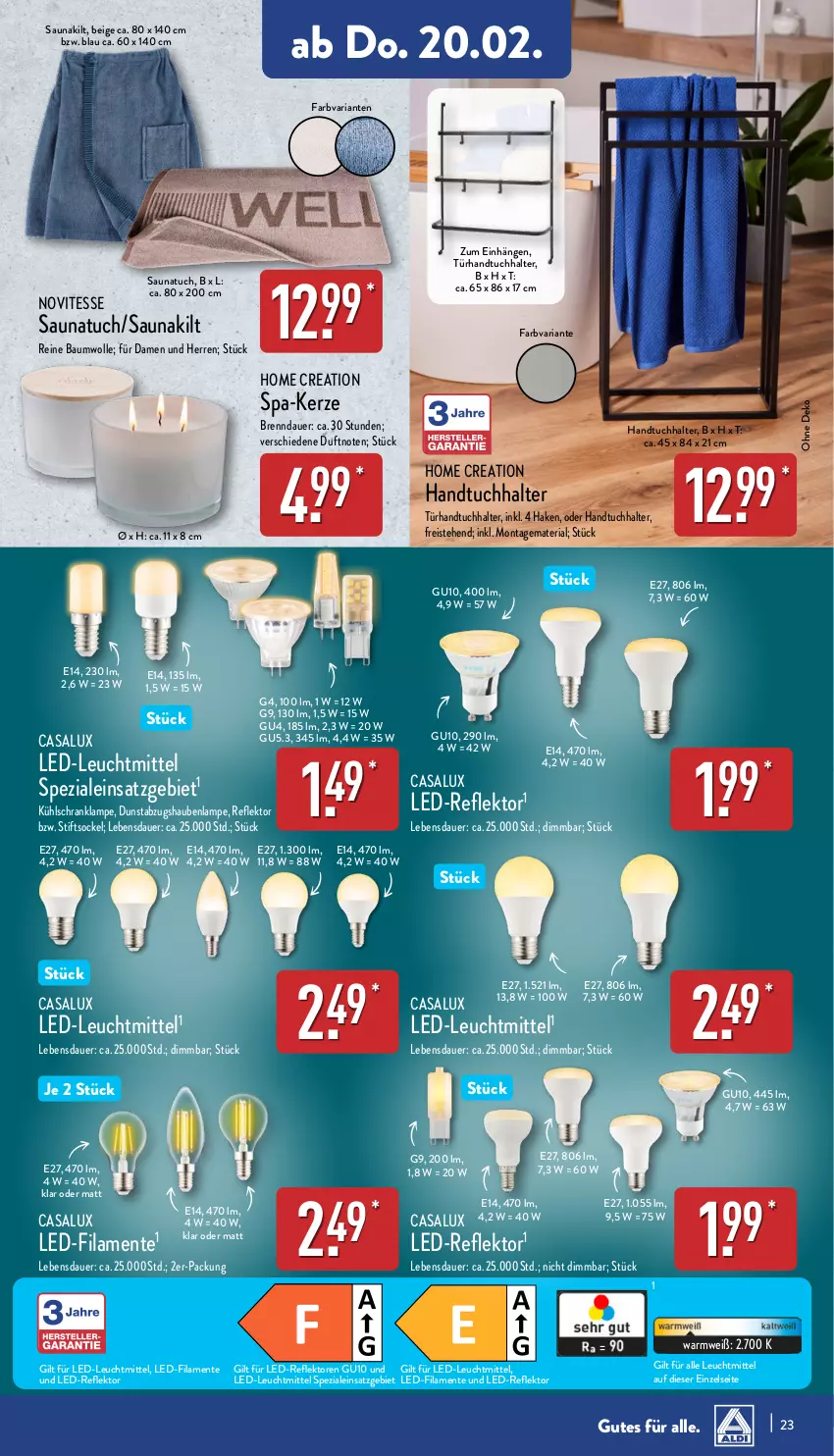 Aktueller Prospekt Aldi Nord - Von Montag - von 17.02 bis 22.02.2025 - strona 23 - produkty: abzugshaube, auer, Bau, baumwolle, dunstabzug, dunstabzugshaube, eis, ente, handtuch, Handtuchhalter, kerze, kühlschrank, Lampe, leuchtmittel, reine baumwolle, reis, Ria, Saunakilt, Saunatuch, Schrank, Spezi, Ti, tuc, wolle