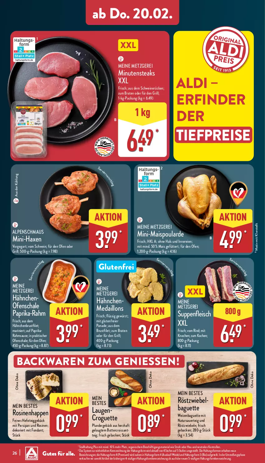 Aktueller Prospekt Aldi Nord - Von Montag - von 17.02 bis 22.02.2025 - strona 26 - produkty: aldi, auer, axe, backwaren, baguette, bio, braten, brustfilet, butter, Croissant, eier, eis, filet, fleisch, geback, gewürz, grill, hähnchenbrust, hähnchenbrustfilet, Haxe, Hefe, Heu, mais, Maus, medaillons, minutensteaks, natur, Ofen, paprika, Plunder, reis, Ria, rind, röstzwiebeln, sauce, Schal, Schale, schwein, schweine, schweinerücken, steak, steaks, suppe, suppen, suppenfleisch, Ti, tiefpreis, tisch, wein, weine, zwiebel, zwiebeln