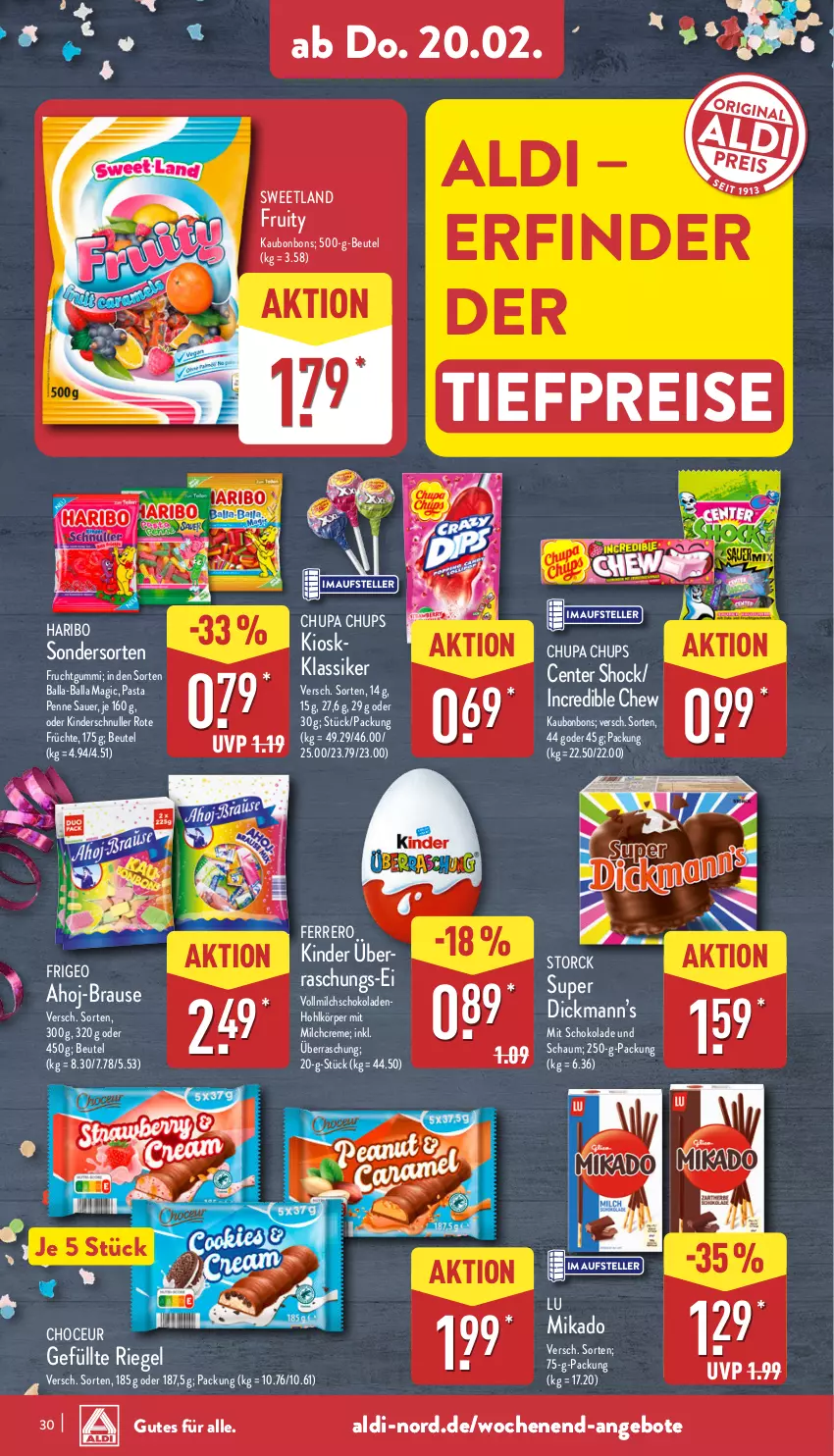 Aktueller Prospekt Aldi Nord - Von Montag - von 17.02 bis 22.02.2025 - strona 30 - produkty: ahoj-brause, aldi, angebot, angebote, auer, ball, beutel, bonbons, brause, chupa, chupa chups, creme, eis, elle, ente, ferrero, frucht, früchte, fruchtgummi, haribo, Kinder, mikado, milch, pasta, penne, reis, riegel, schoko, schokolade, schokoladen, storck, Sweetland, teller, Ti, tiefpreis, vollmilch