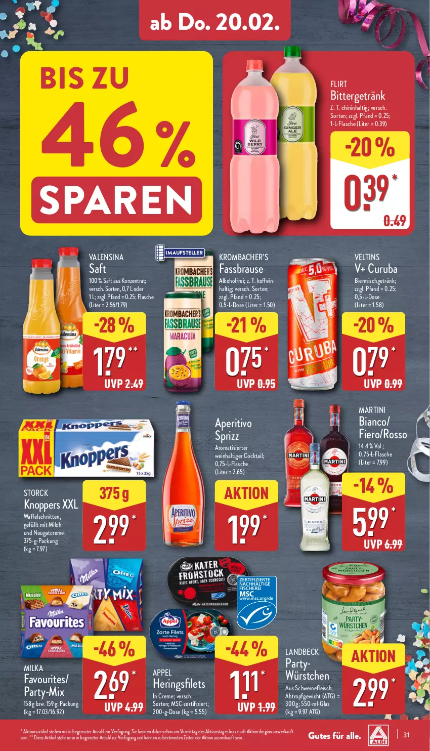 Aktueller Prospekt Aldi Nord - Von Montag - von 17.02 bis 22.02.2025 - strona 31 - produkty: alkohol, bier, brause, cocktail, creme, eis, elle, fassbrause, filet, filets, flasche, fleisch, getränk, gin, hering, Herings, heringsfilets, Heringsfilets in Creme, knoppers, krombache, krombacher, martini, milch, milka, Nougatcreme, ring, saft, schnitten, schwein, schweine, schweinefleisch, Sprizz, storck, teller, Ti, valensina, veltins, Waffelschnitte, wein, weine, würstchen, ZTE