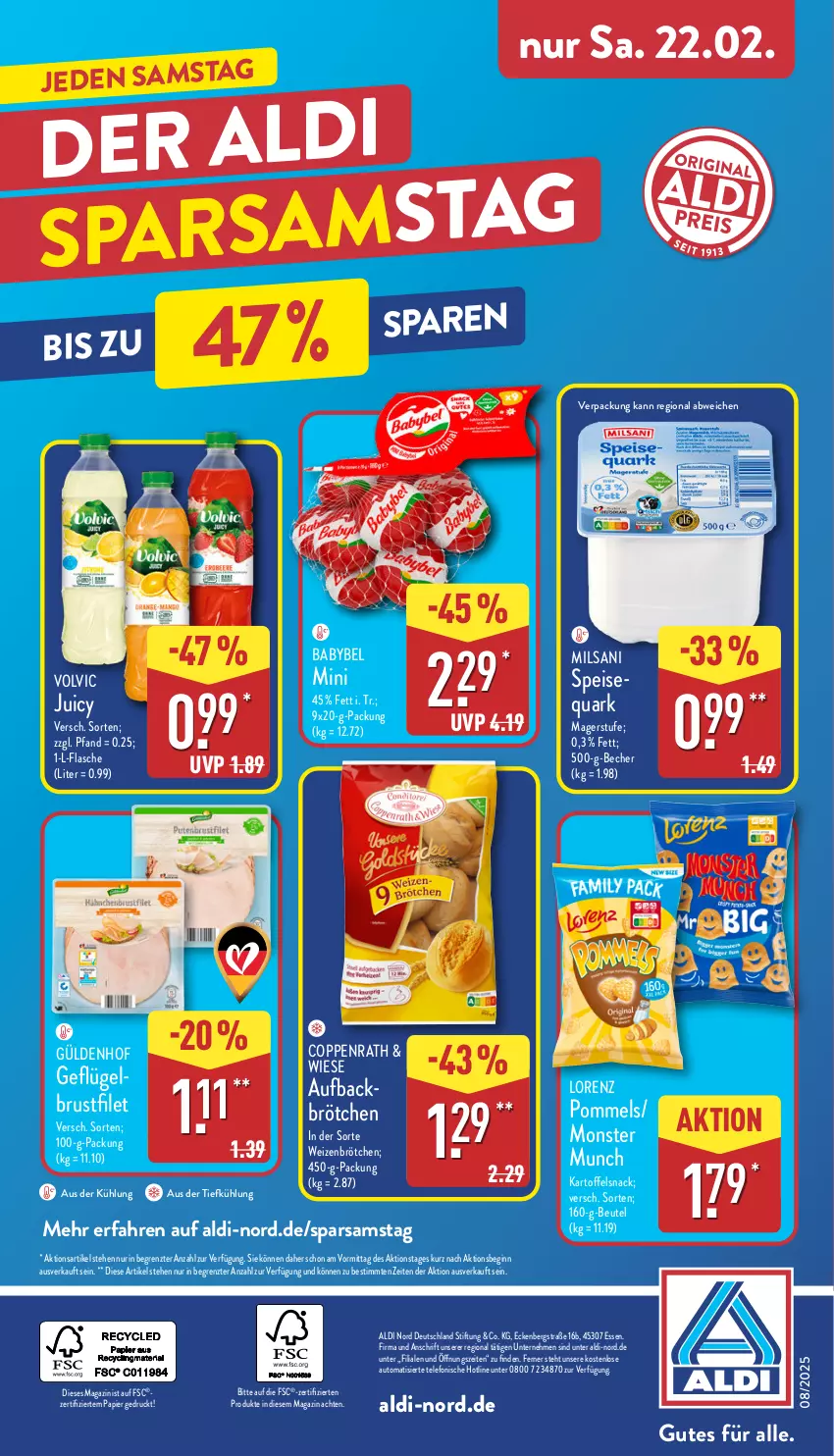 Aktueller Prospekt Aldi Nord - Von Montag - von 17.02 bis 22.02.2025 - strona 36 - produkty: aldi, aus der tiefkühlung, auto, babybel, Becher, beutel, brötchen, brustfilet, coppenrath, eis, filet, flasche, Geflügel, gin, kartoffel, lorenz, magazin, monster, papier, Pommels, quark, snack, speisequark, telefon, Ti, volvic, weizenbrötchen, ZTE