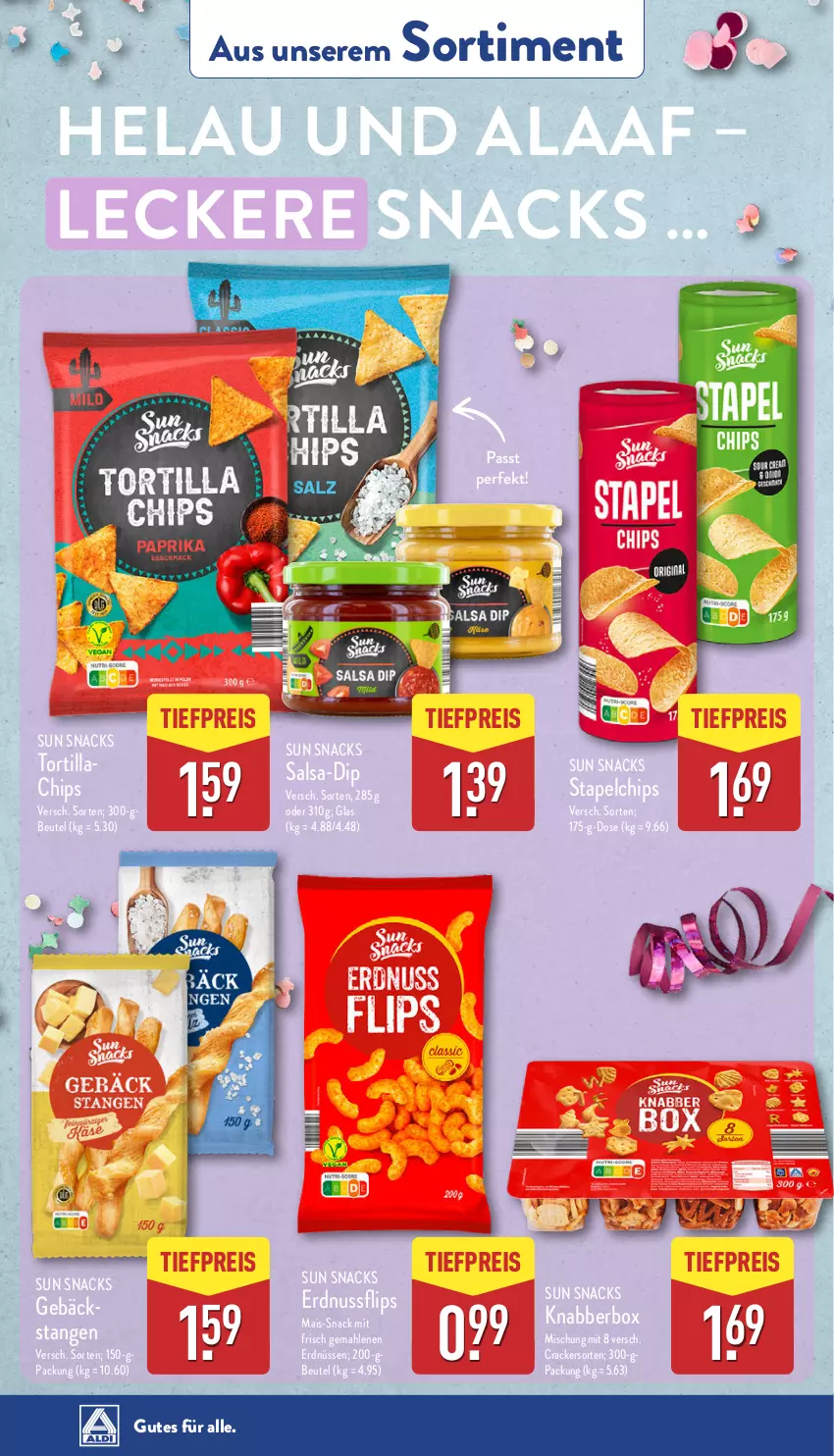 Aktueller Prospekt Aldi Nord - Von Montag - von 17.02 bis 22.02.2025 - strona 40 - produkty: beutel, chips, cracker, dip, eis, erdnuss, erdnüsse, erdnüssen, Hela, mais, nuss, reis, Salsa, snack, snacks, Sun Snacks, Ti, tiefpreis, tortilla