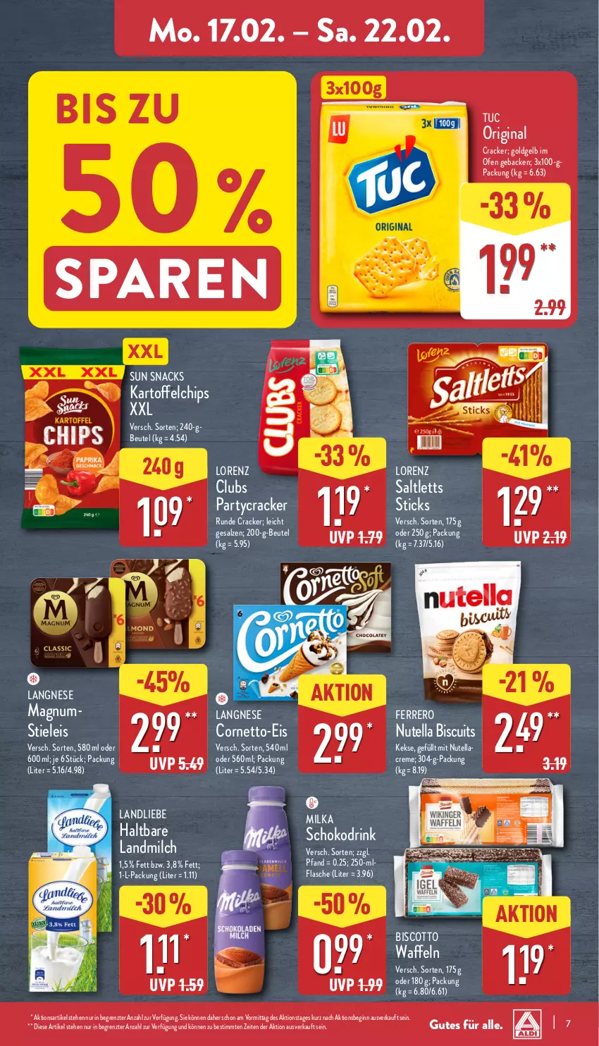 Aktueller Prospekt Aldi Nord - Von Montag - von 17.02 bis 22.02.2025 - strona 7 - produkty: beutel, biscotto, chips, cornetto, cracker, creme, drink, eis, ferrero, flasche, geback, gin, kartoffel, kartoffelchips, keks, kekse, landliebe, landmilch, langnese, lorenz, magnum, milch, milka, nutella, Ofen, saltletts, salz, schoko, snack, snacks, stieleis, Sun Snacks, Ti, tuc, waffeln, ZTE