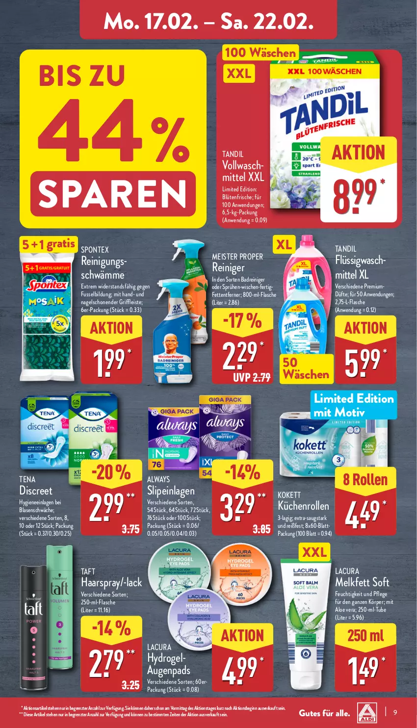 Aktueller Prospekt Aldi Nord - Von Montag - von 17.02 bis 22.02.2025 - strona 9 - produkty: aloe vera, Alwa, Always, Bad, Blüte, Discreet, eis, flasche, gin, haarspray, küche, Küchen, küchenrolle, küchenrollen, lack, Meister, meister proper, reiniger, Reinigung, slip, slipeinlagen, spontex, Taft, Ti, vollwaschmittel, waschmittel, ZTE