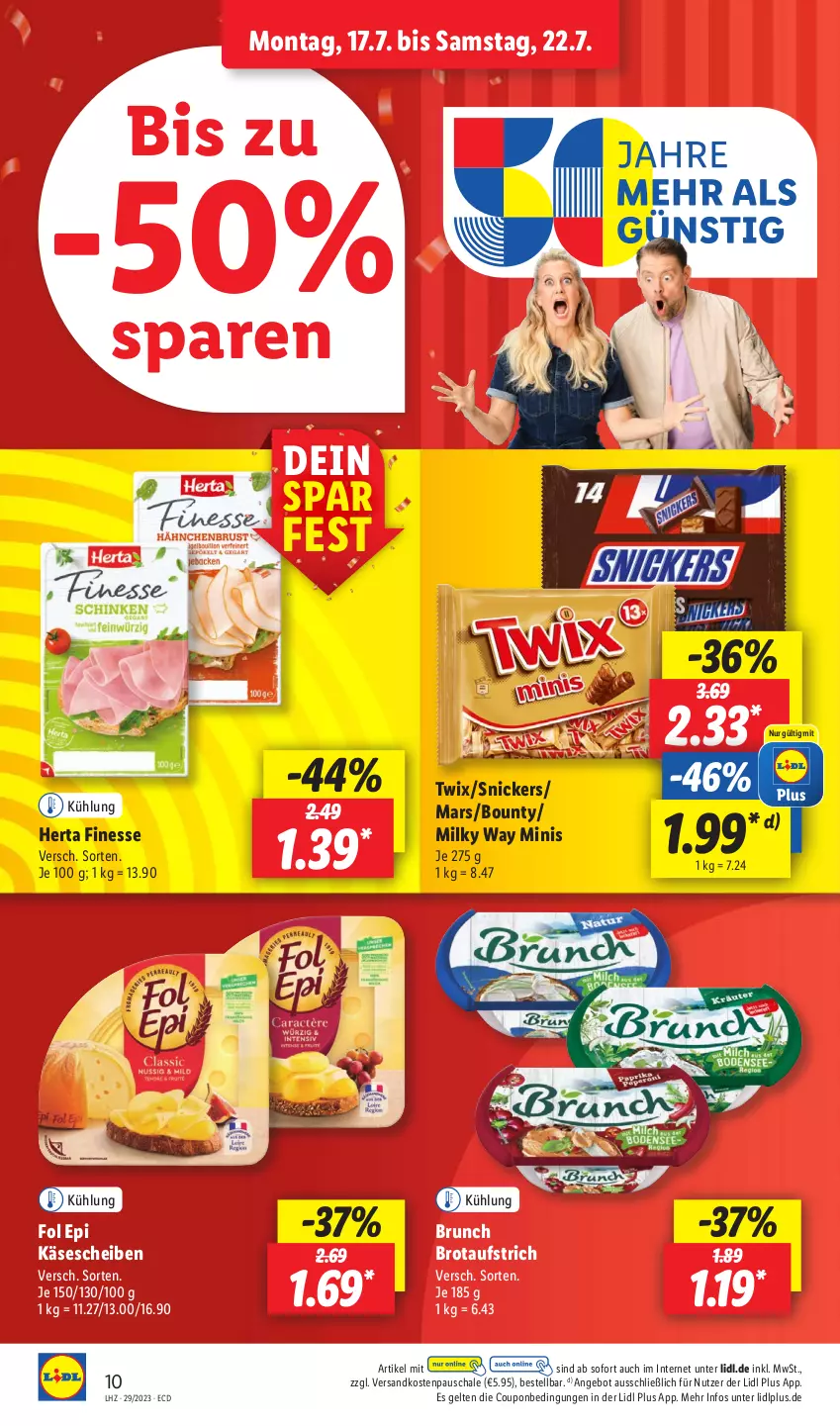 Aktueller Prospekt Lidl - Aktionsprospekt - von 17.07 bis 22.07.2023 - strona 10 - produkty: angebot, aufstrich, bounty, brot, brotaufstrich, coupon, finesse, fol epi, herta, herta finesse, Käse, käsescheiben, mars, milky way, ndk, Schal, Schale, snickers, Ti, twix