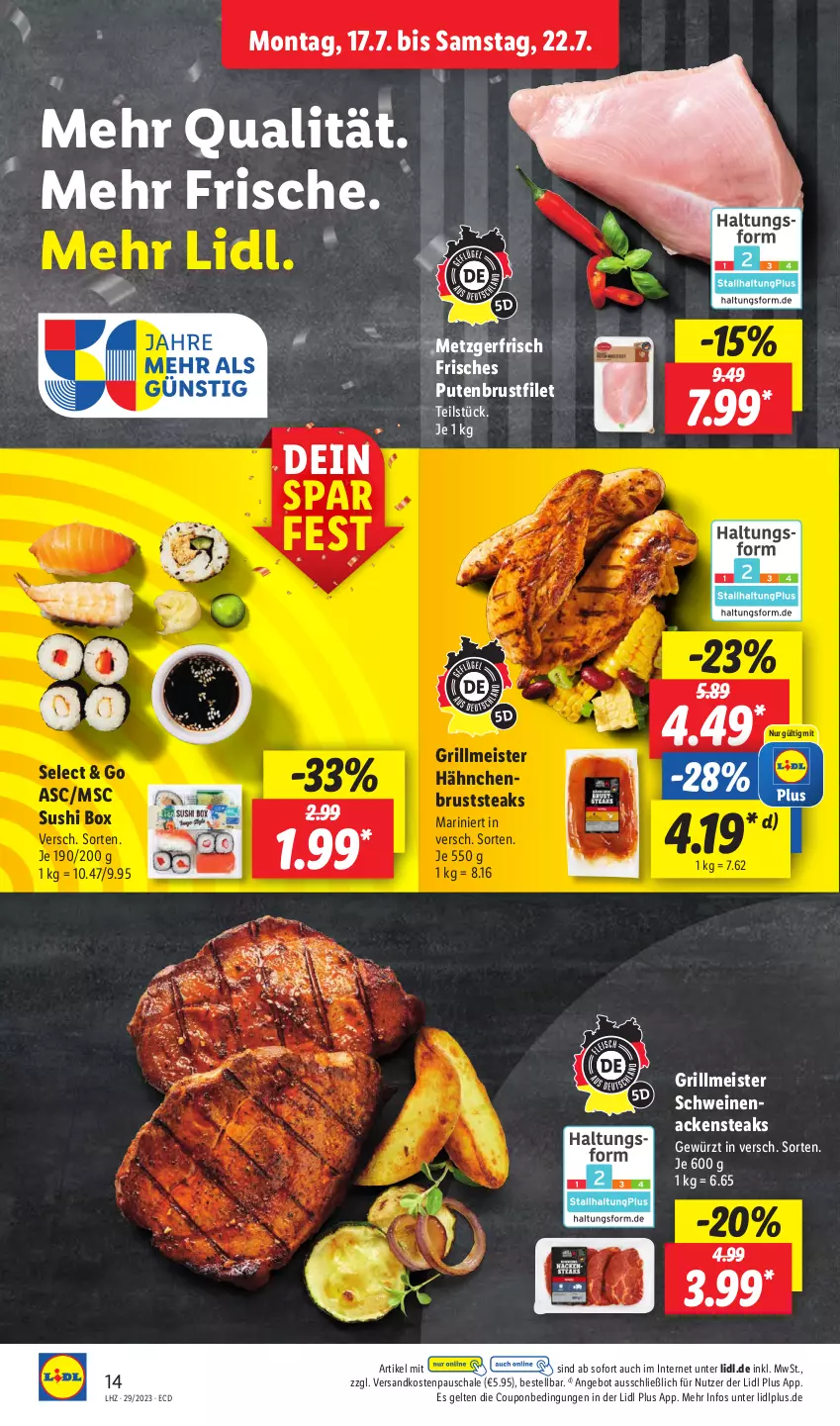 Aktueller Prospekt Lidl - Aktionsprospekt - von 17.07 bis 22.07.2023 - strona 16 - produkty: angebot, brustfilet, coupon, eis, filet, gewürz, grill, hähnchenbrust, Meister, Nackensteak, nackensteaks, ndk, pute, putenbrust, putenbrustfilet, Schal, Schale, schwein, schweine, schweinenacken, steak, steaks, Sushi, Ti, wein, weine