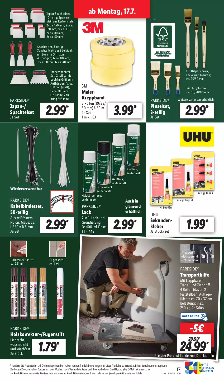 Aktueller Prospekt Lidl - Aktionsprospekt - von 17.07 bis 22.07.2023 - strona 21 - produkty: arla, edelstahl, eis, Fugenstift, Holz, Kabelbinderset, kleber, lack, Lacke, Malerkrepp, Parkside, perla, Pinsel, Pinselset, reis, Ria, rwe, spachtel, Sport, Ti, tragegriff, uhu, wasser, weck, Weißlack, ZTE