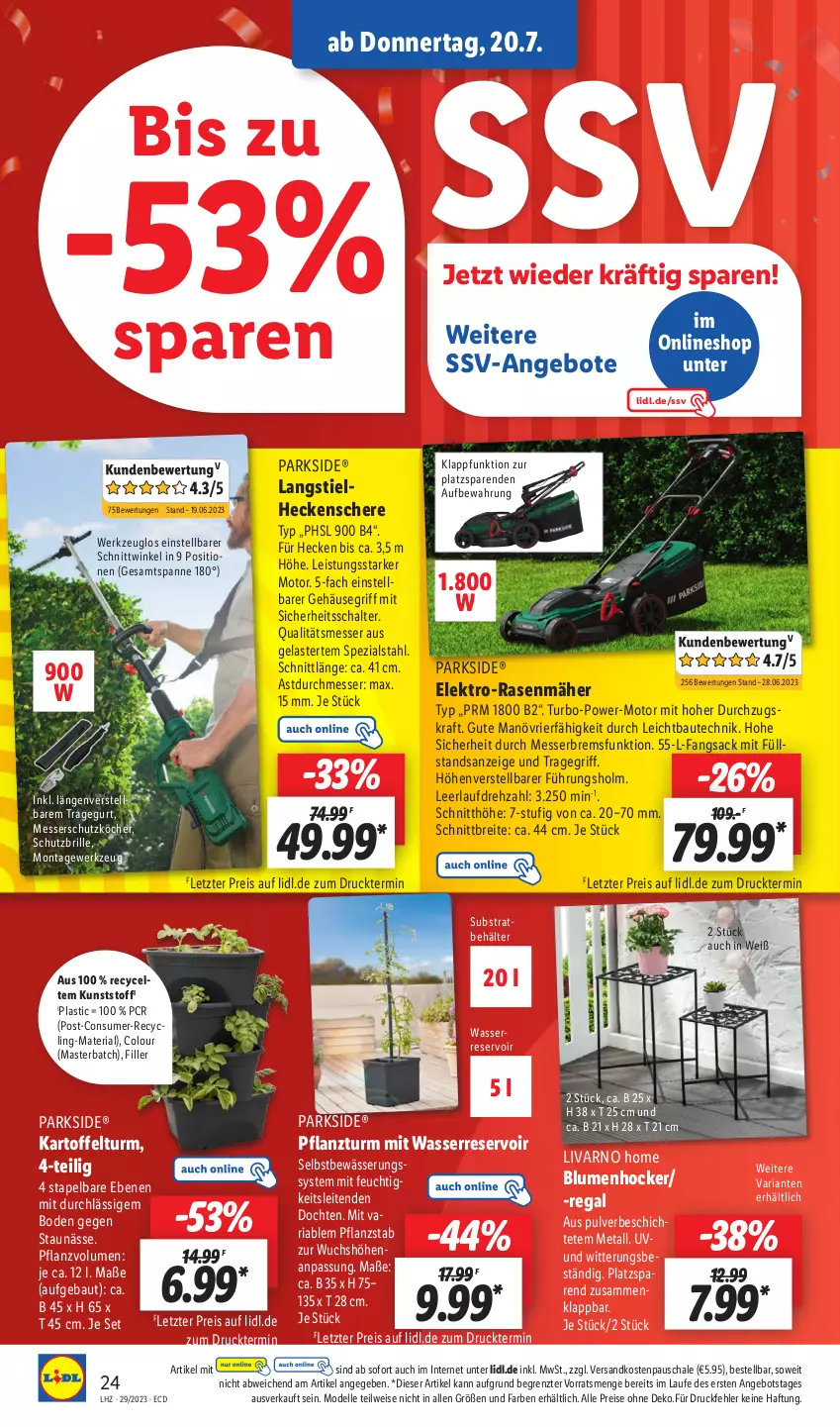 Aktueller Prospekt Lidl - Aktionsprospekt - von 17.07 bis 22.07.2023 - strona 30 - produkty: angebot, angebote, asti, Autec, Bau, Behälter, blume, blumen, Brei, Brille, Clin, dell, eis, Elektro, elektro-rasenmäher, elle, heckenschere, hocker, kartoffel, kraft, messer, Mode, ndk, Parkside, rasen, rasenmäher, regal, reis, Ria, sac, Schal, Schale, Schere, Schutzbrille, Spezi, Ti, tragegriff, wasser, werkzeug, ZTE